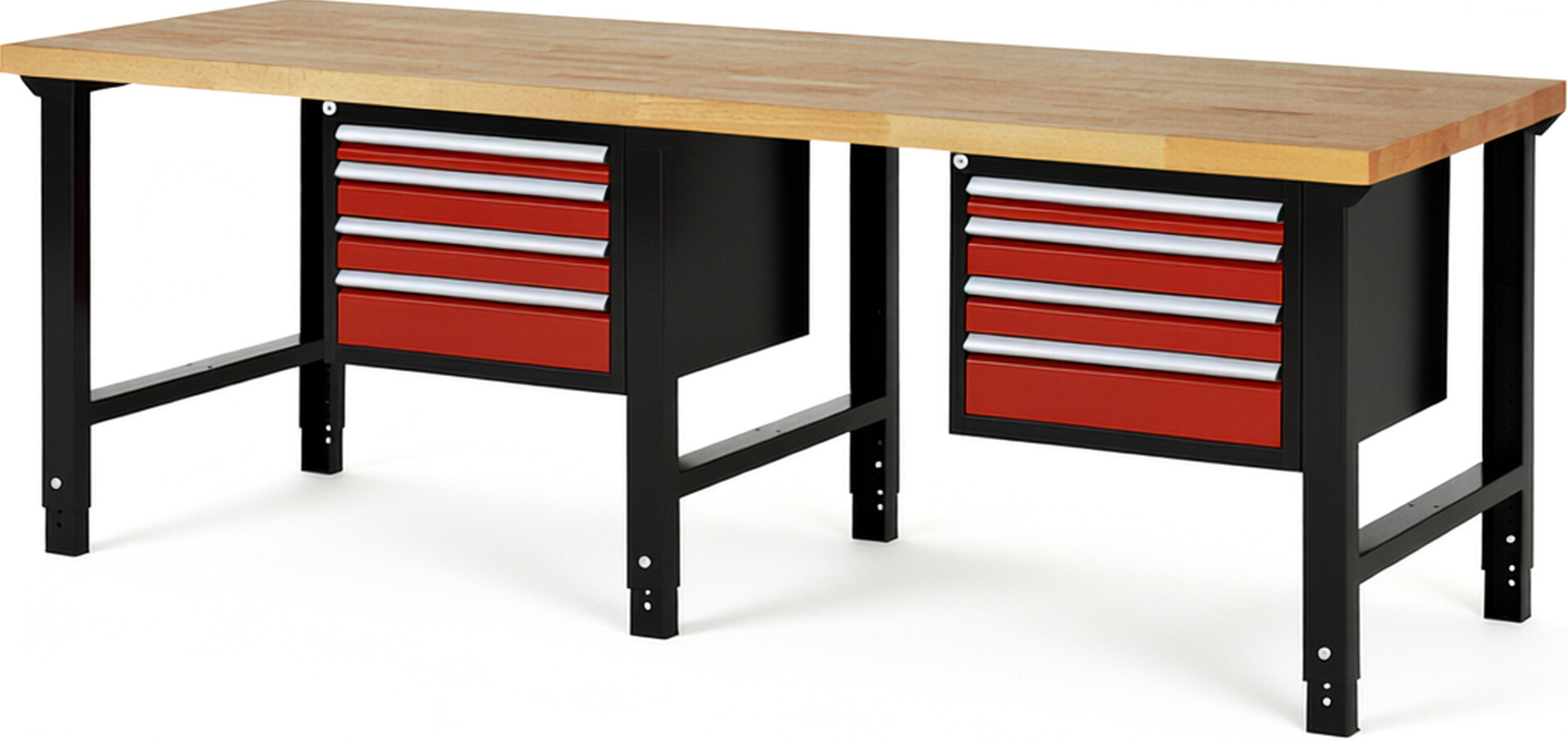 Werkbank Modell 7132 schwarz-rot, BxTxH 2500x900x790-1140 mm,  Buche-Massiv Arbeitsplatte 40 mm,  8 Schubladen mit  Vollauszug 100 % und  SoftClosing