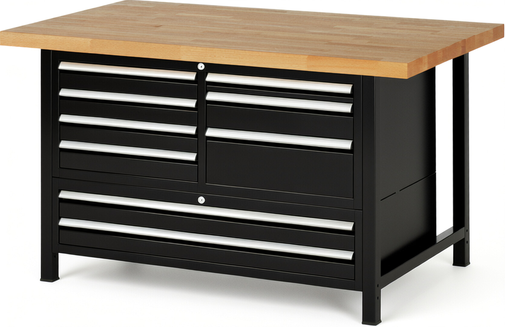 RAU Werkbank schwarz - Breite 150 cm - Tiefe 90 cm - Höhe 104 cm - Buche-Massiv Arbeitsplatte 40 mm