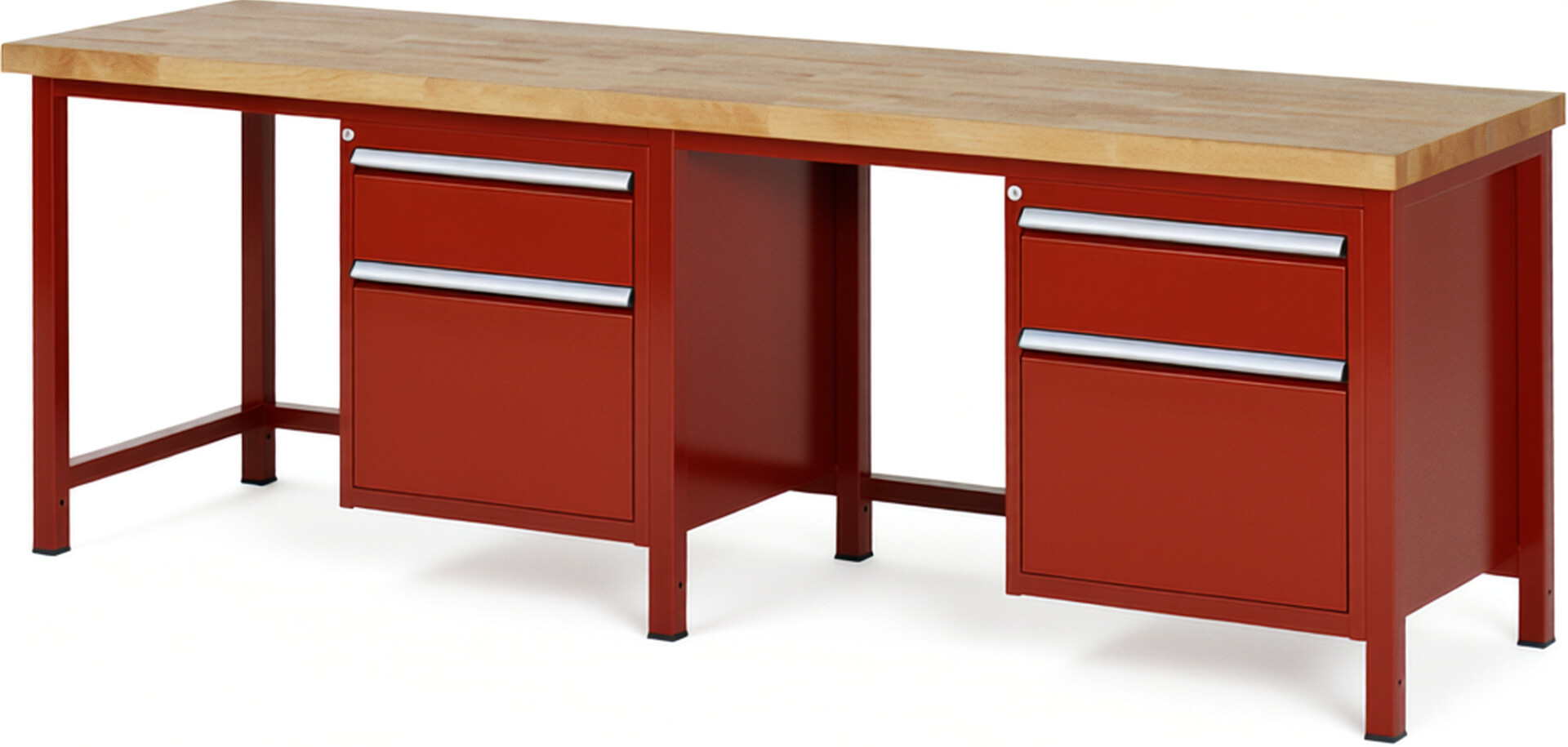 Werkbank Modell 8156 rot, BxTxH 2500x700x840-1040 mm,  Buche-Massiv Arbeitsplatte 40 mm,  4 Schubladen mit  Auszug 90 %