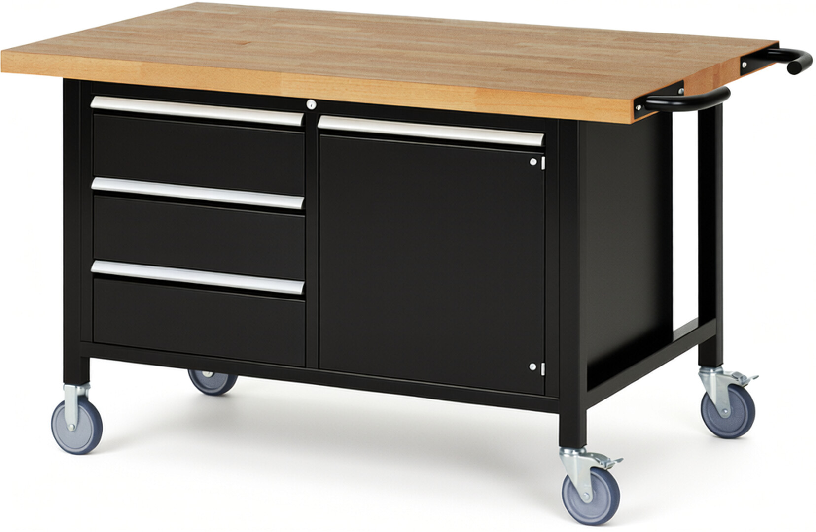 RAU Werkbank schwarz - Breite 150 cm - Tiefe 90 cm - Höhe 88 cm - Buche-Massiv Arbeitsplatte 40 mm