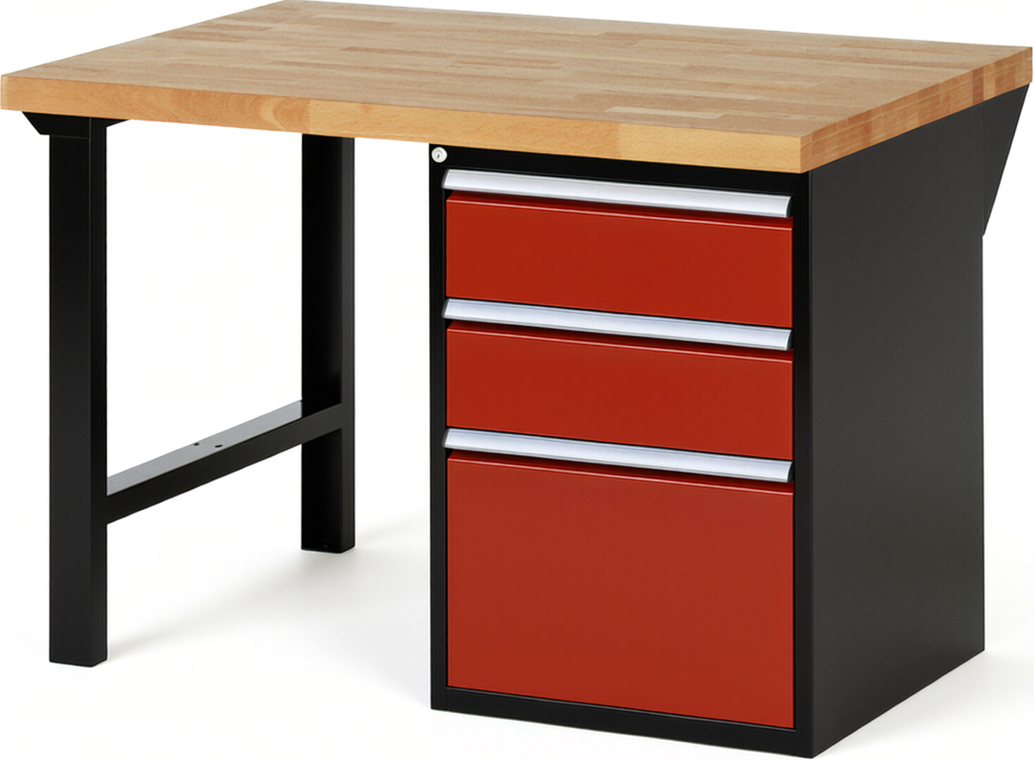 RAU Werkbank schwarz - rot - Breite 125 cm - Tiefe 90 cm - Höhe 89 cm - Buche-Massiv Arbeitsplatte 40 mm