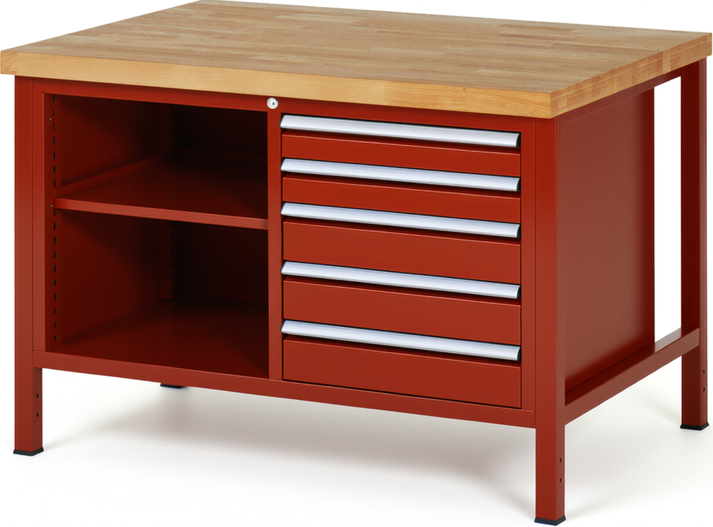 Werkbank Modell 8464 rot, BxTxH 1250x900x840 mm,  Buche-Massiv Arbeitsplatte 40 mm,  5 Schubladen mit  Vollauszug 100 % und  SoftClosing
