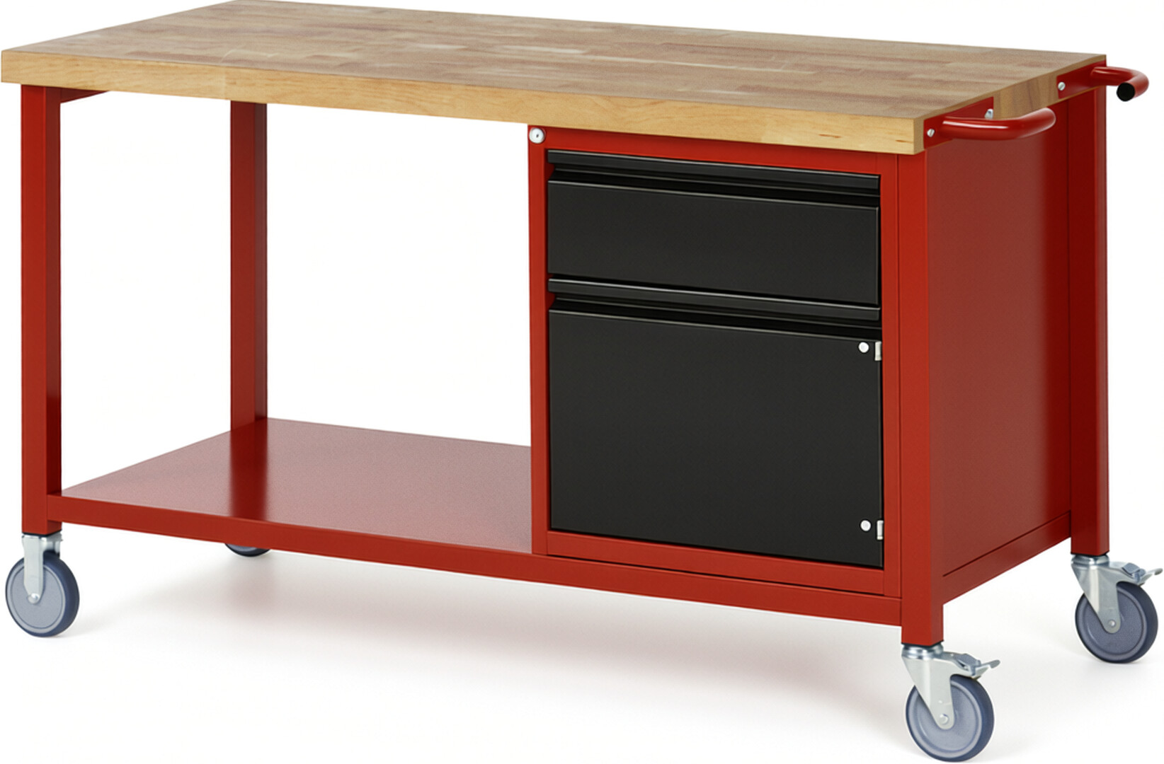 Fahrbare Werkbank - Modell 8152 BASIC rot - schwarz, BxTxH 1500x700x880 mm,  Buche-Massiv Arbeitsplatte 40 mm,  1 Schublade mit  Auszug 90 %
