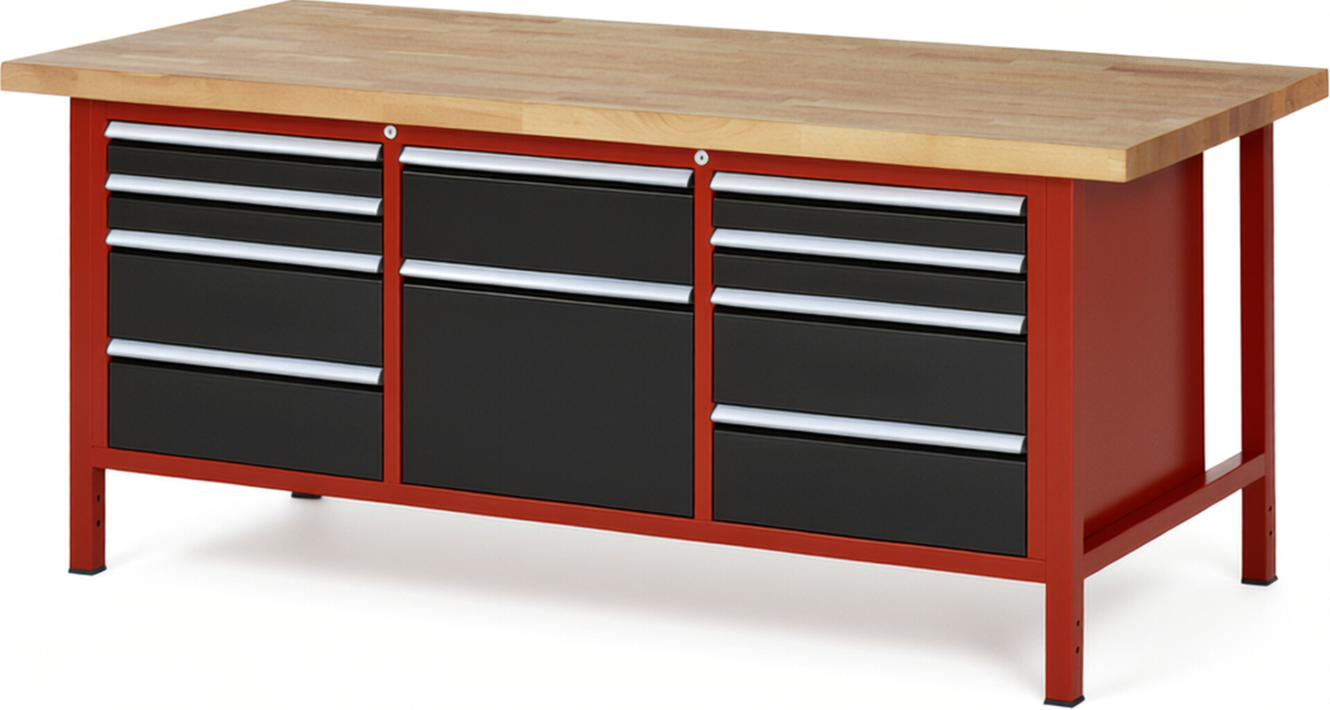 Werkbank Modell 8575 rot - schwarz, BxTxH 2000x900x840-1040 mm,  Buche-Massiv Arbeitsplatte 40 mm,  10 Schubladen mit  Auszug 90 %