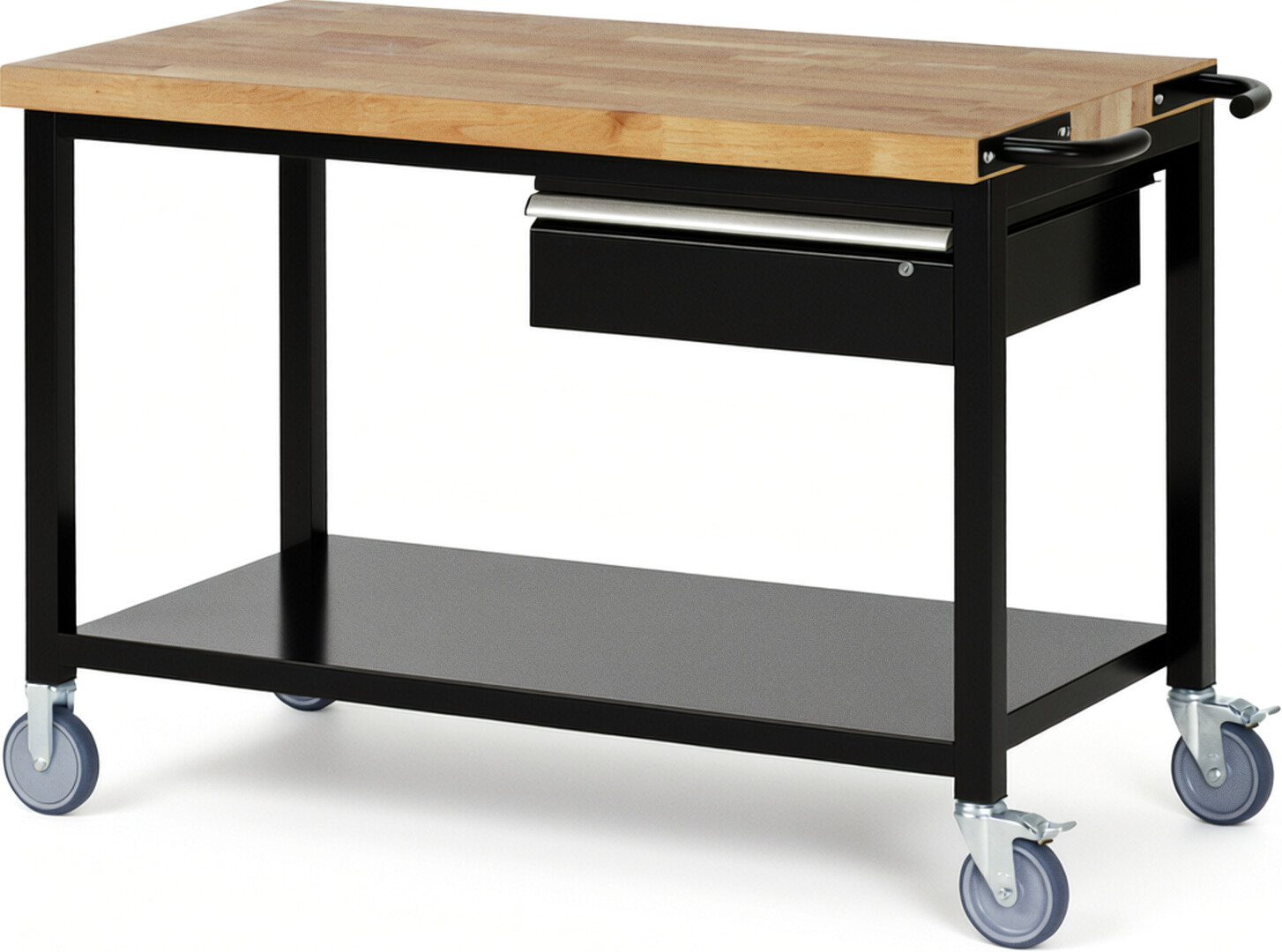 RAU Werkbank schwarz - Breite 125 cm - Tiefe 70 cm - Höhe 108 cm - Buche-Massiv Arbeitsplatte 40 mm