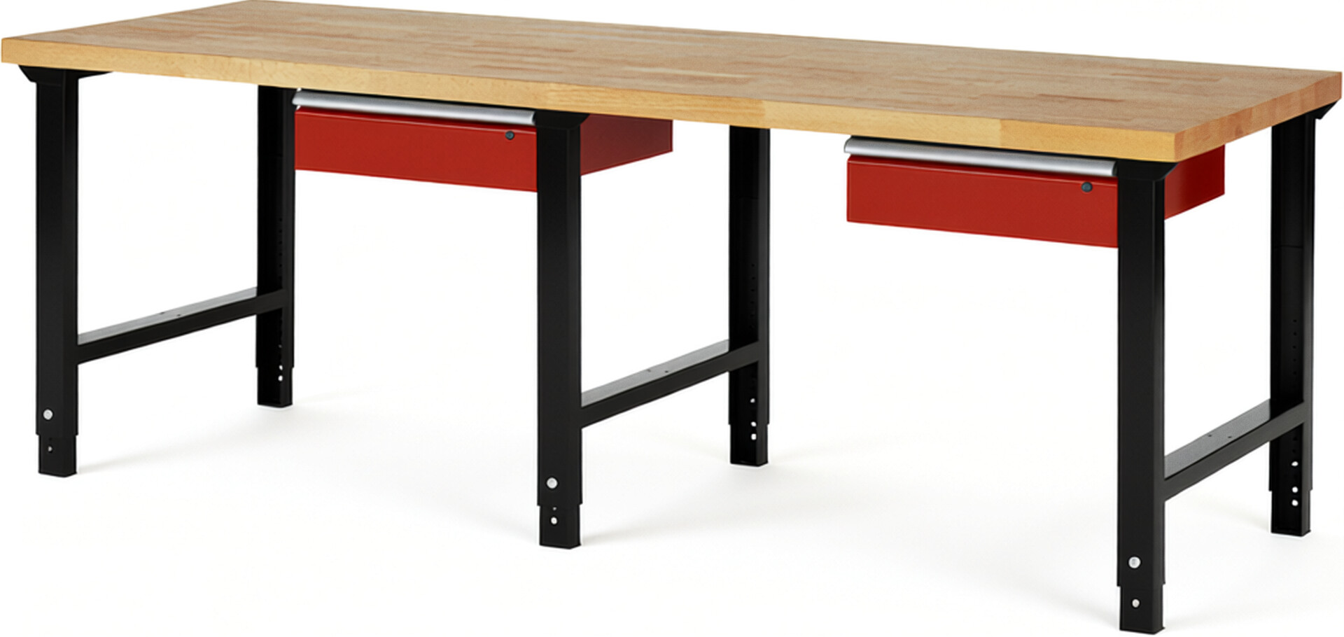 RAU Werkbank schwarz - rot - Breite 250 cm - Tiefe 90 cm - Höhe 114 cm - Buche-Massiv Arbeitsplatte 40 mm