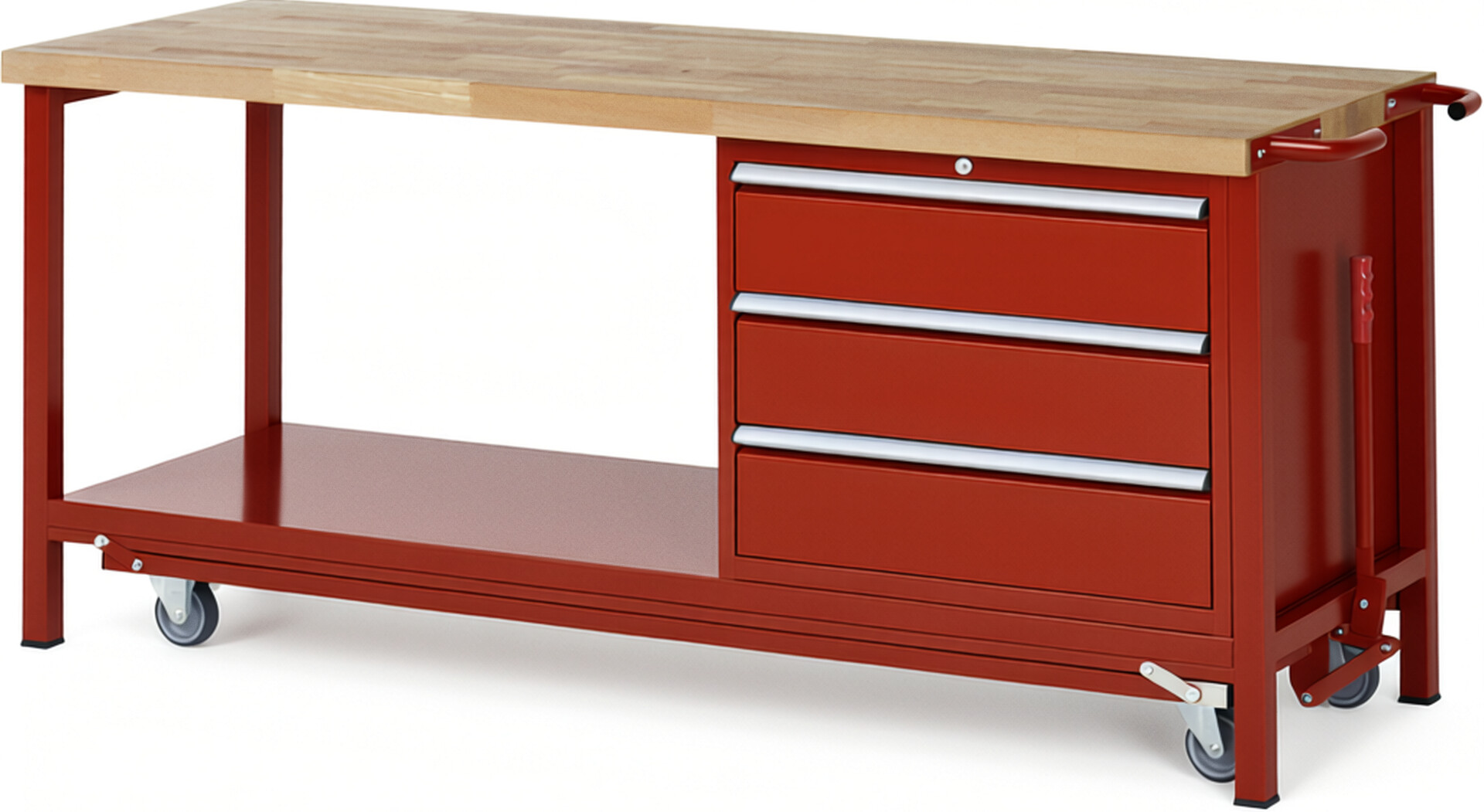 Absenkbare Werkbank Modell 8257 rot, BxTxH 2000x700x880 mm,  Buche-Massiv Arbeitsplatte 40 mm,  3 Schubladen mit  Vollauszug 100 % und  SoftClosing
