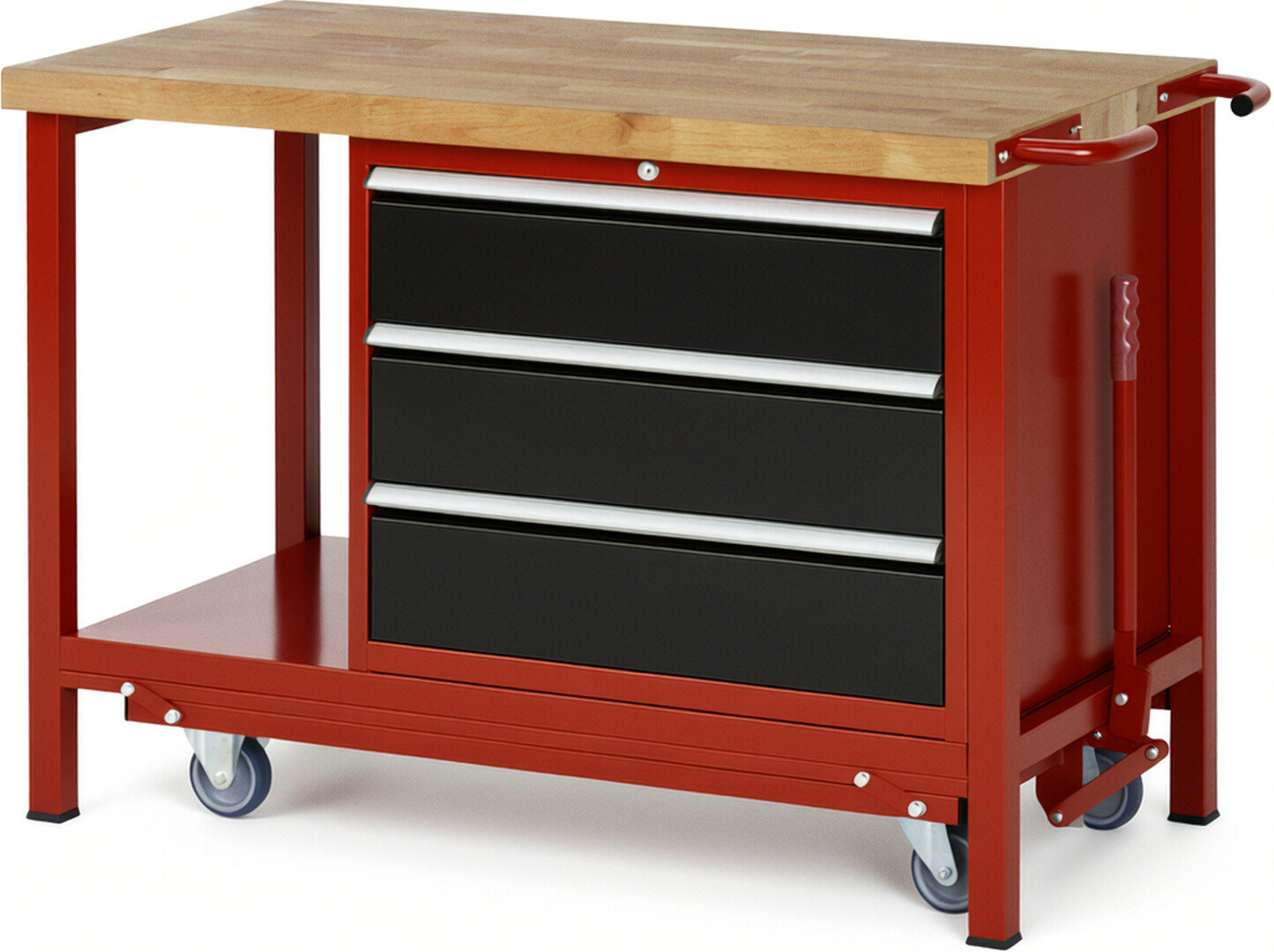 Absenkbare Werkbank Modell 8257 rot - schwarz, BxTxH 1250x700x880 mm,  Buche-Massiv Arbeitsplatte 40 mm,  3 Schubladen mit  Vollauszug 100 % und  SoftClosing