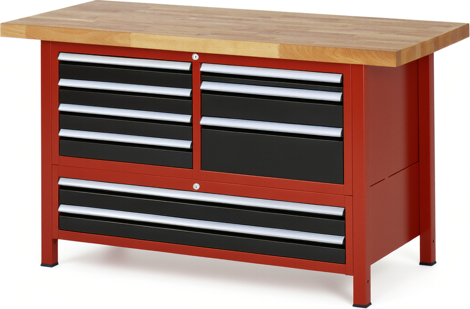 Werkbank Modell 8933 rot - schwarz, BxTxH 1500x700x840 mm,  Buche-Massiv Arbeitsplatte 40 mm,  9 Schubladen mit  Vollauszug 100 % und  SoftClosing
