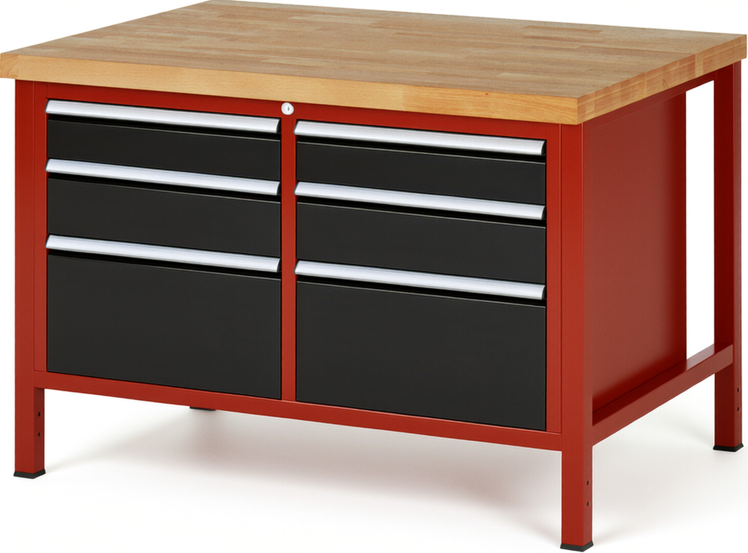 Werkbank Modell 8475 rot - schwarz, BxTxH 1250x900x840-1040 mm,  Buche-Massiv Arbeitsplatte 40 mm,  6 Schubladen mit  Auszug 90 %