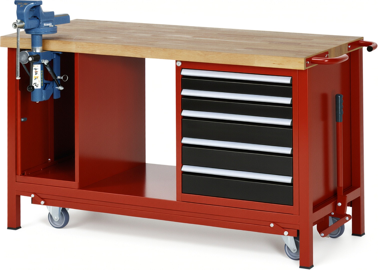 Absenkbare Werkbank Modell 8187 rot - schwarz, BxTxH 1500x700x880 mm,  Buche-Massiv Arbeitsplatte 40 mm,  5 Schubladen mit  Vollauszug 100 % und  SoftClosing