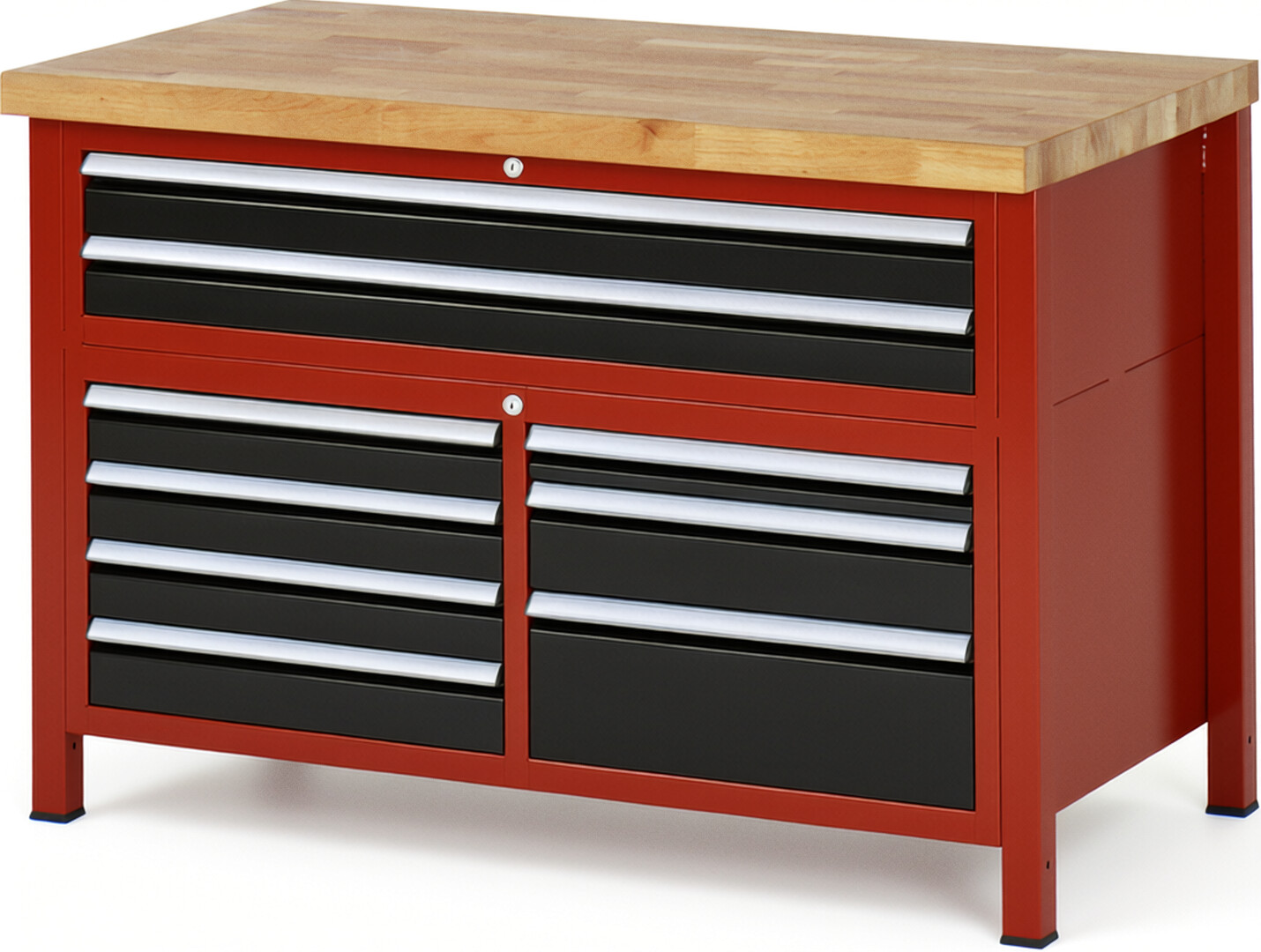 Werkbank Modell 8923 rot - schwarz, BxTxH 1250x700x840 mm,  Buche-Massiv Arbeitsplatte 40 mm,  9 Schubladen mit  Vollauszug 100 % und  SoftClosing