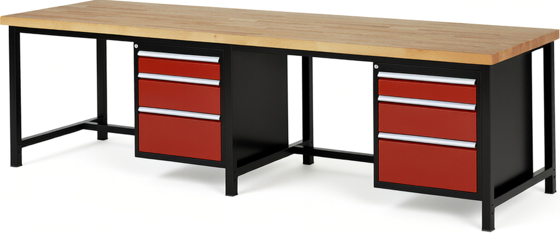 RAU Werkbank schwarz - rot - Breite 300 cm - Tiefe 90 cm - Höhe 104 cm - Buche-Massiv Arbeitsplatte 40 mm