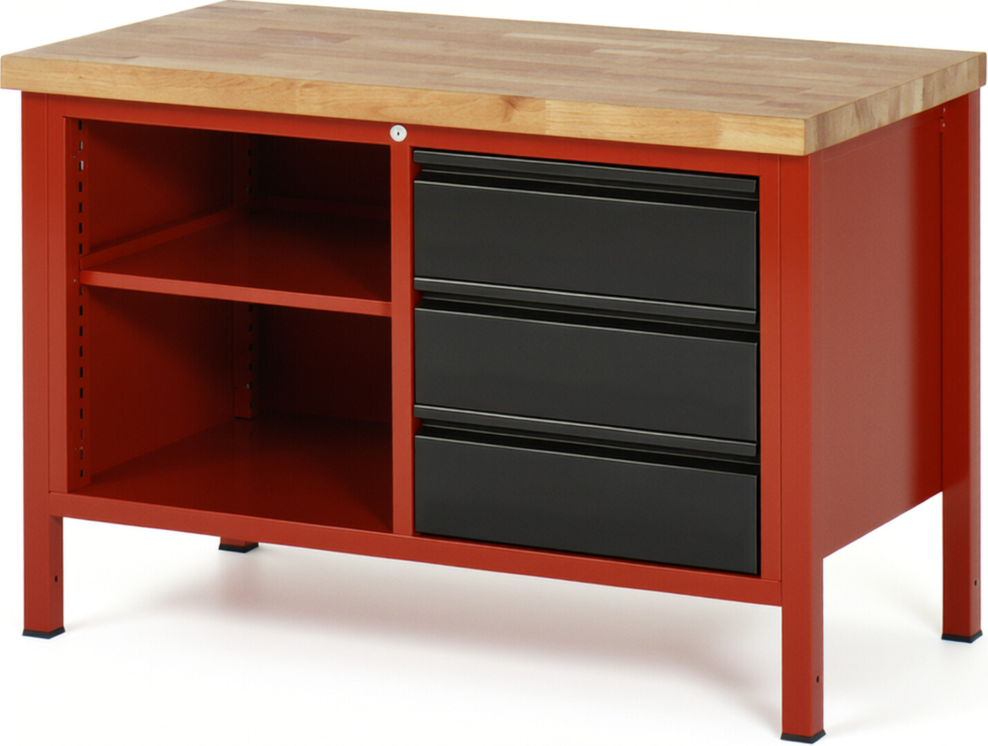 Werkbank rot - schwarz, BxTxH 1250x700x840 mm, Platte Buche 40 mm, 3 Schublade 180 mm, 1 Fachboden, RAL 3000/9011