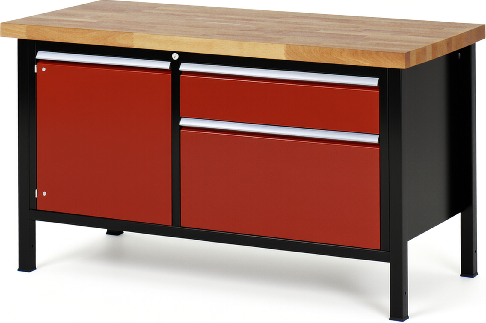 Werkbank Modell 8651 schwarz-rot, BxTxH 1500x700x840 mm,  Buche-Massiv Arbeitsplatte 40 mm,  2 Schubladen mit  Auszug 90 %