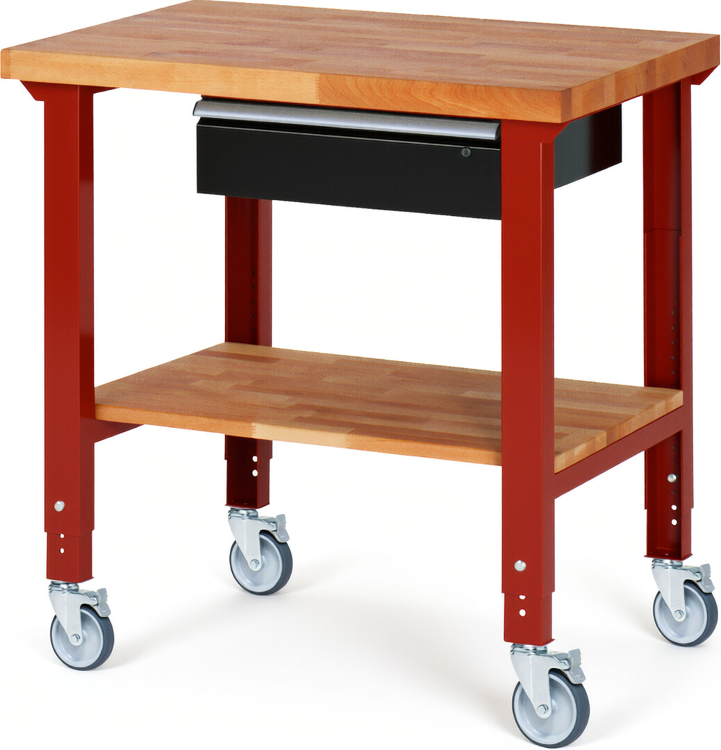 Fahrbare Werkbank Modell 7001 rot - schwarz, BxTxH 1000x700x950-1000 mm,  Buche-Massiv Arbeitsplatte 40 mm,  1 Schublade mit  Auszug 90 %