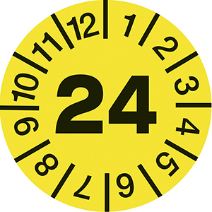 Hinweisschild, Plakette, gelb, Jahr 2024, PVC-Folie, Durchm. 15 mm, VE 10 Stück, Mindestabnahme 10 VE