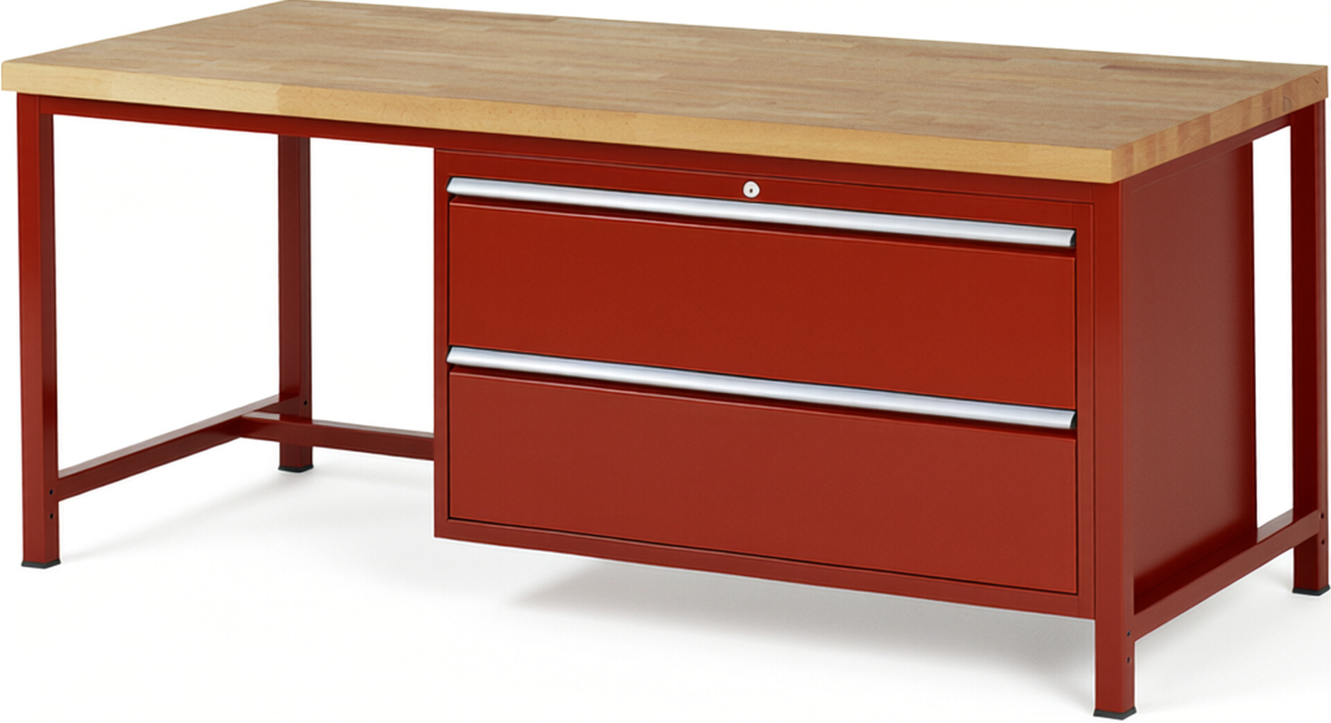 Werkbank Modell 8355 rot, BxTxH 2000x900x840-1040 mm,  Buche-Massiv Arbeitsplatte 40 mm,  2 Schubladen mit  Vollauszug 100 % und  SoftClosing