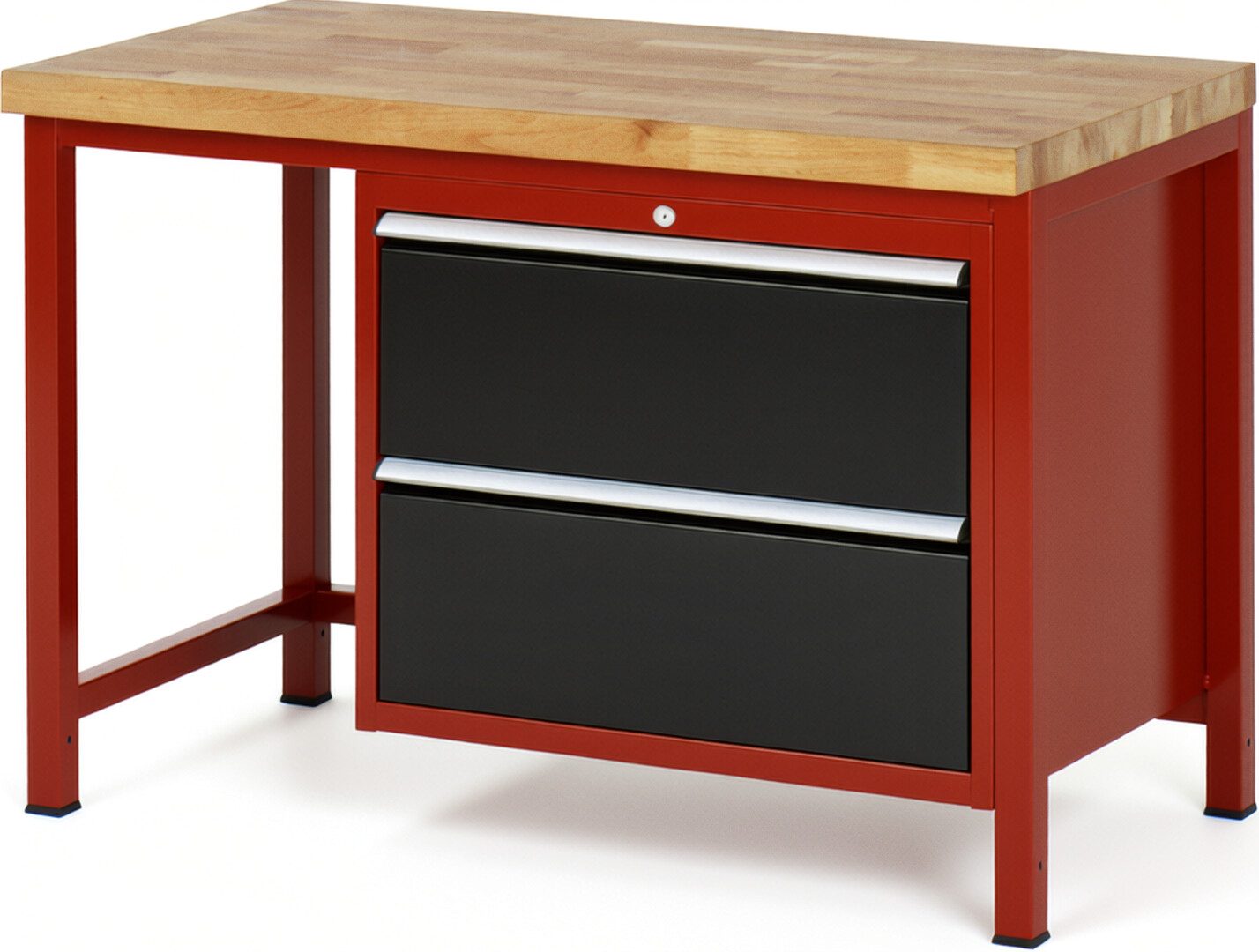 Werkbank Modell 8255 rot - schwarz, BxTxH 1250x700x840 mm,  Buche-Massiv Arbeitsplatte 40 mm,  2 Schubladen mit  Vollauszug 100 % und  SoftClosing