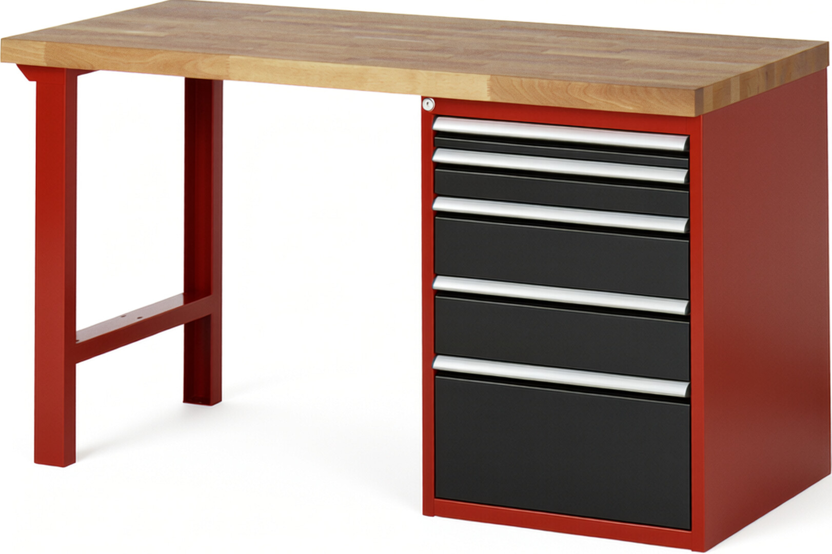 Werkbank Modell 7511 rot - schwarz, BxTxH 1500x700x890 mm,  Buche-Massiv Arbeitsplatte 40 mm,  5 Schubladen mit  Vollauszug 100 % und  SoftClosing