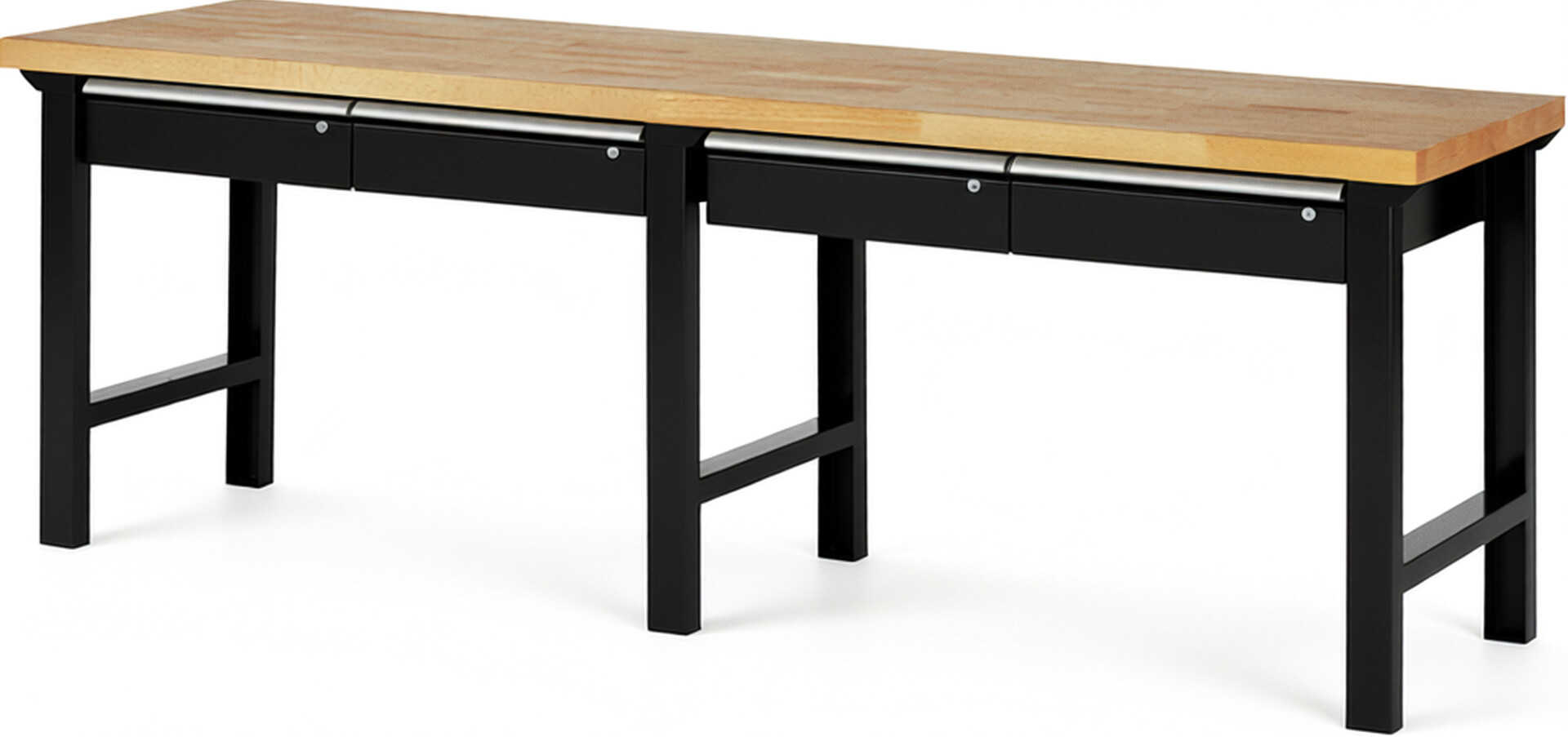 Werkbank Modell 7002 schwarz, BxTxH 2500x700x840 mm,  Buche-Massiv Arbeitsplatte 40 mm,  4 Schubladen mit  Auszug 90 %