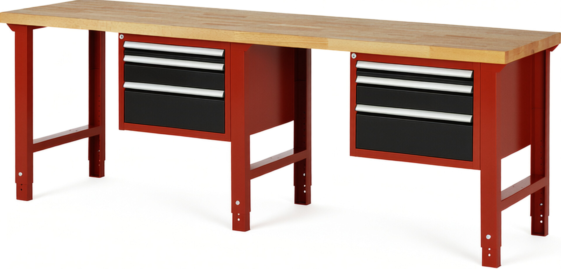 Werkbank Modell 7126 rot - schwarz, BxTxH 2500x700x790-1140 mm,  Buche-Massiv Arbeitsplatte 40 mm,  6 Schubladen mit  Vollauszug 100 % und  SoftClosing