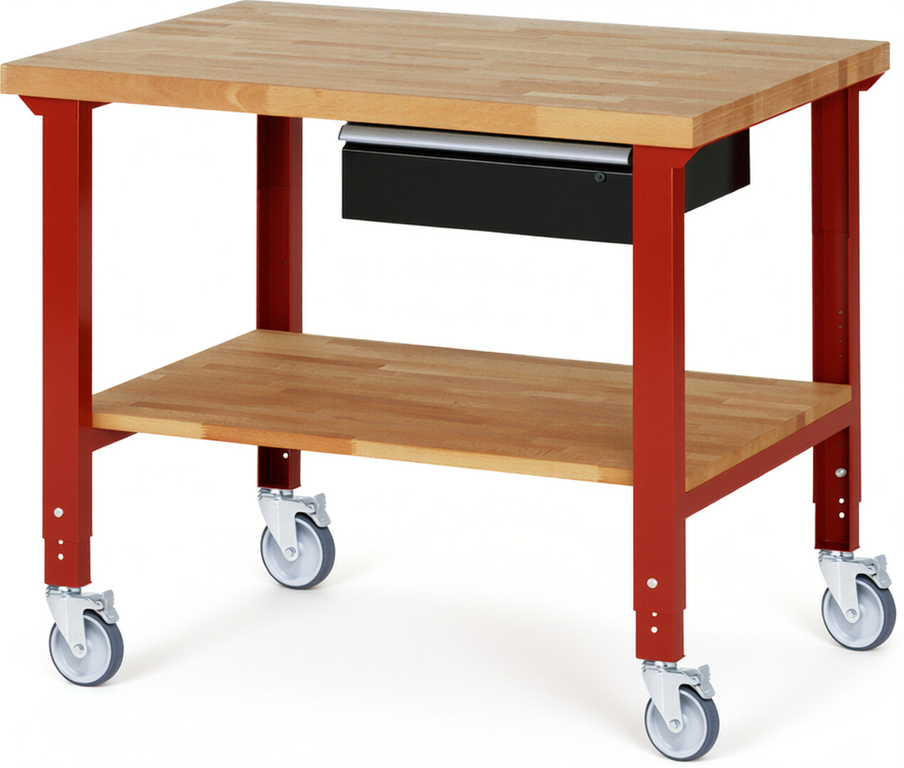 Fahrbare Werkbank Modell 7001 rot - schwarz, BxTxH 1250x900x950-1000 mm,  Buche-Massiv Arbeitsplatte 40 mm,  1 Schublade mit  Auszug 90 %