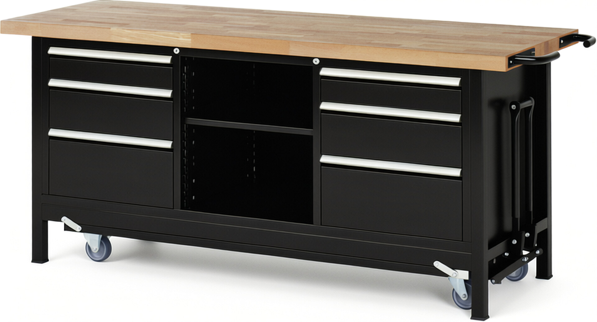 Absenkbare Werkbank Modell 8564 schwarz, BxTxH 2000x700x880 mm,  Buche-Massiv Arbeitsplatte 40 mm,  6 Schubladen mit  Auszug 90 %