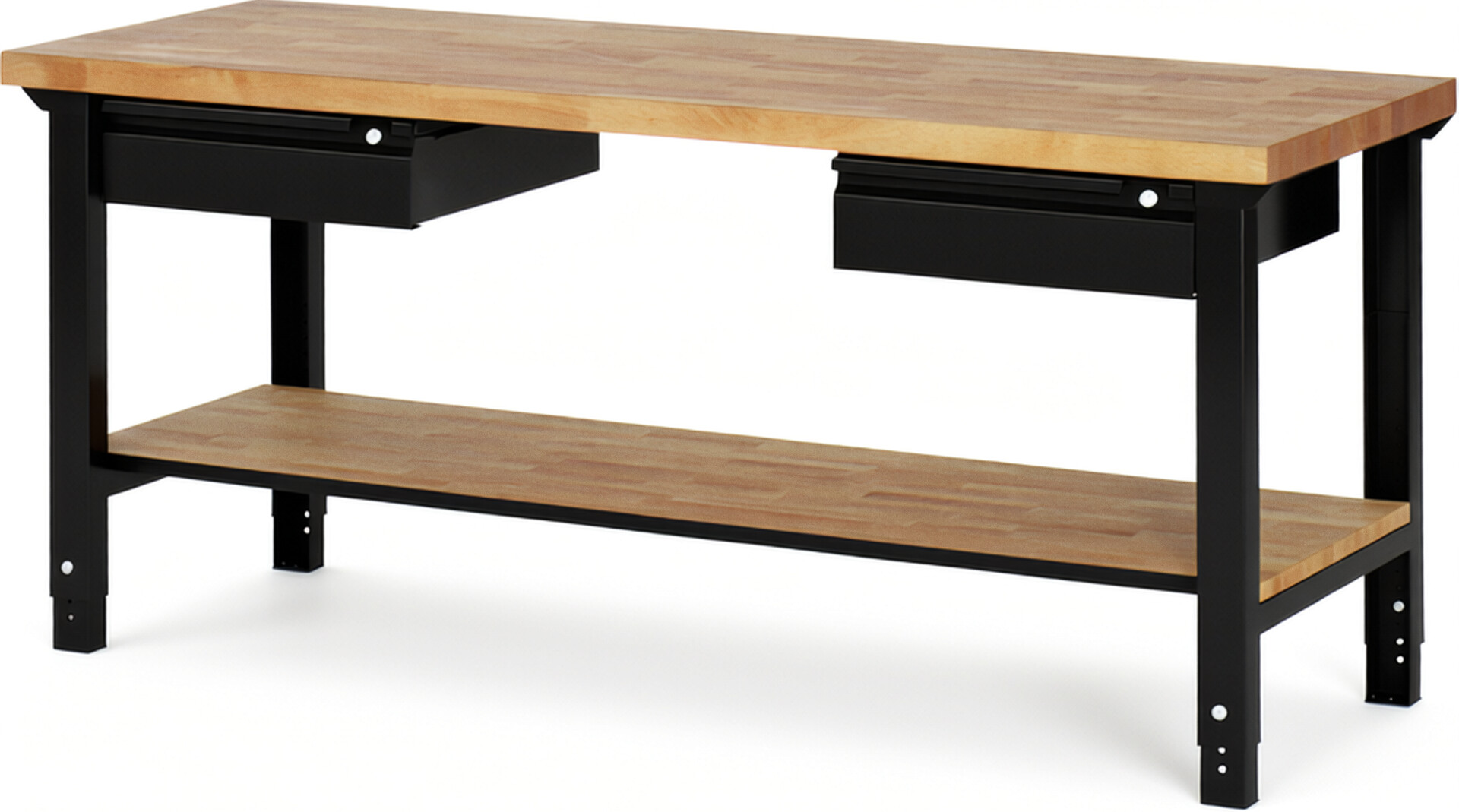 Werkbank - Modell 7002 BASIC schwarz, BxTxH 2000x700x790-1140 mm,  Buche-Massiv Arbeitsplatte 40 mm,  2 Schubladen mit  Auszug 90 %