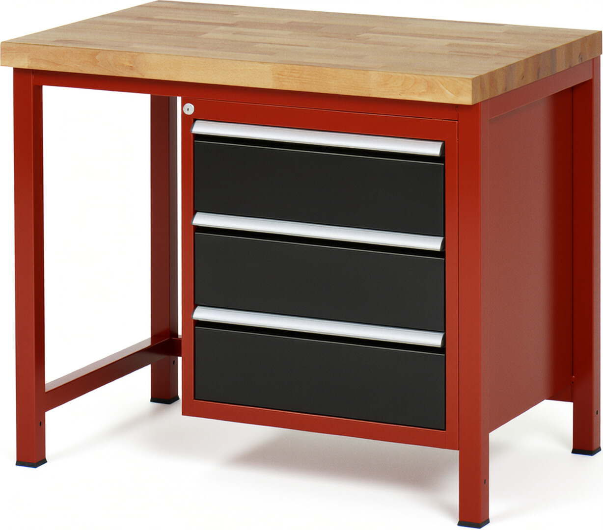 Werkbank Modell 8157 rot - schwarz, BxTxH 1000x700x840-1040 mm,  Buche-Massiv Arbeitsplatte 40 mm,  3 Schubladen mit  Auszug 90 %
