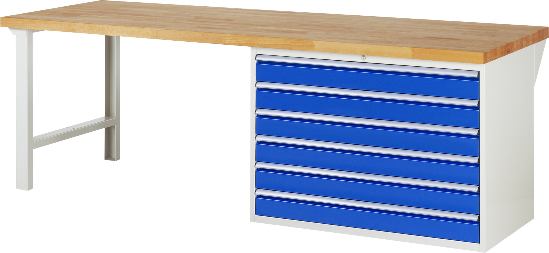 Werkbank Modell 7716 rot - schwarz, BxTxH 2500x900x890 mm,  Buche-Massiv Arbeitsplatte 40 mm,  6 Schubladen mit  Auszug 90 %