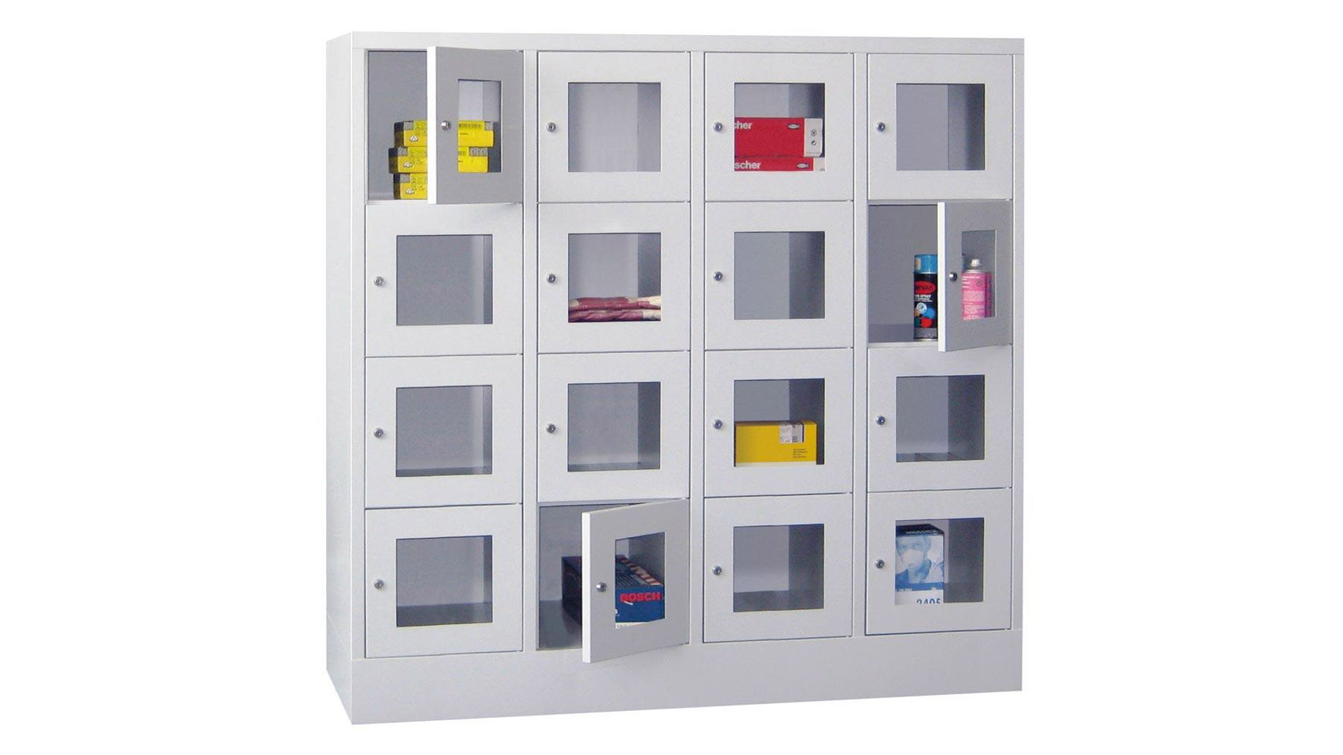 Fächerschränke mit Sichtfenstertüren, Breite 160 cm, Höhe 151,8 cm, Tiefe 50 cm, 4x4 Fächer