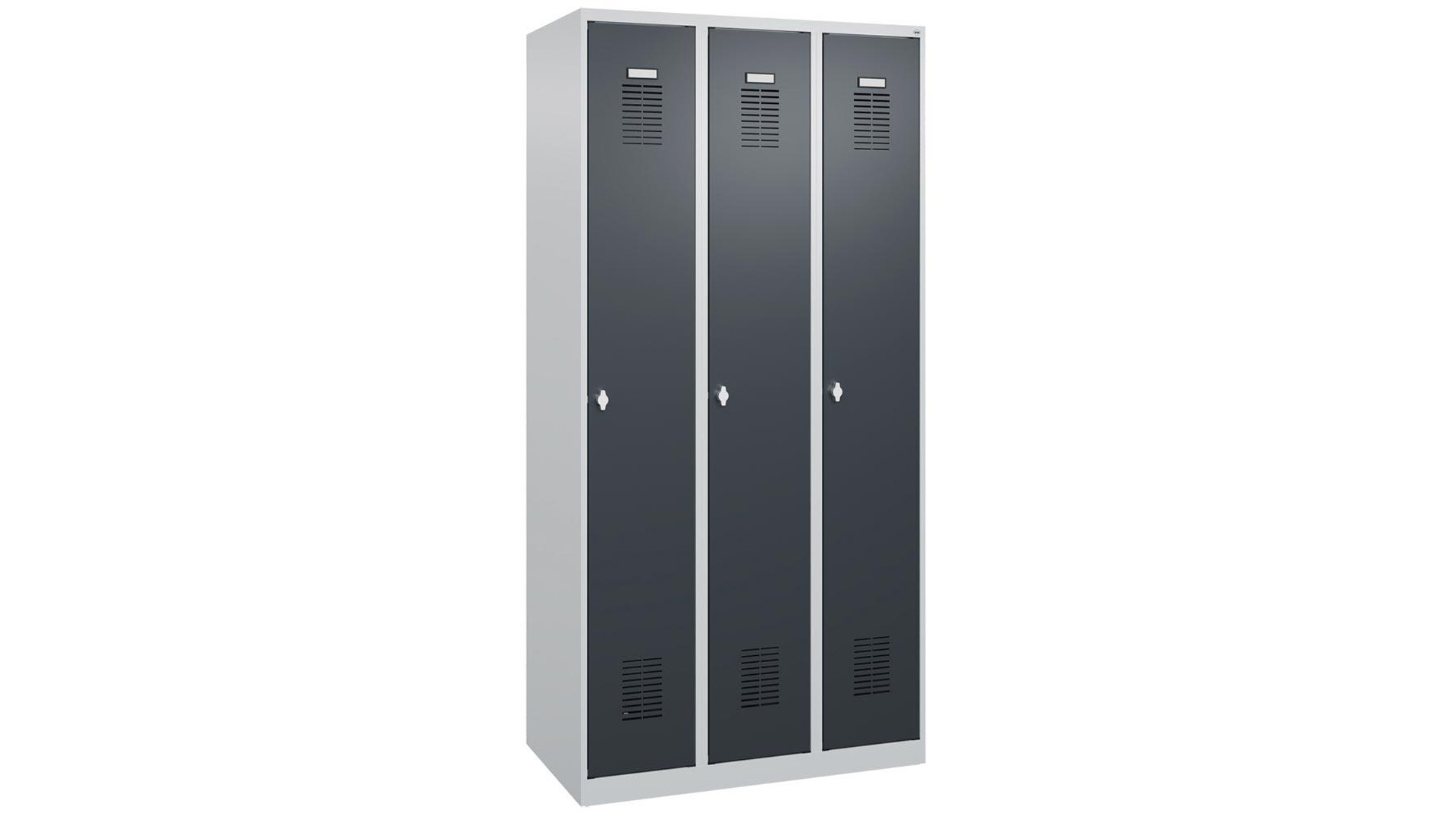Garderobenschrank, bodenstehend, BxTxH 900x500x1850 mm, 3 Abteile, B 300 mm,Drehriegel RAL 7035/7016