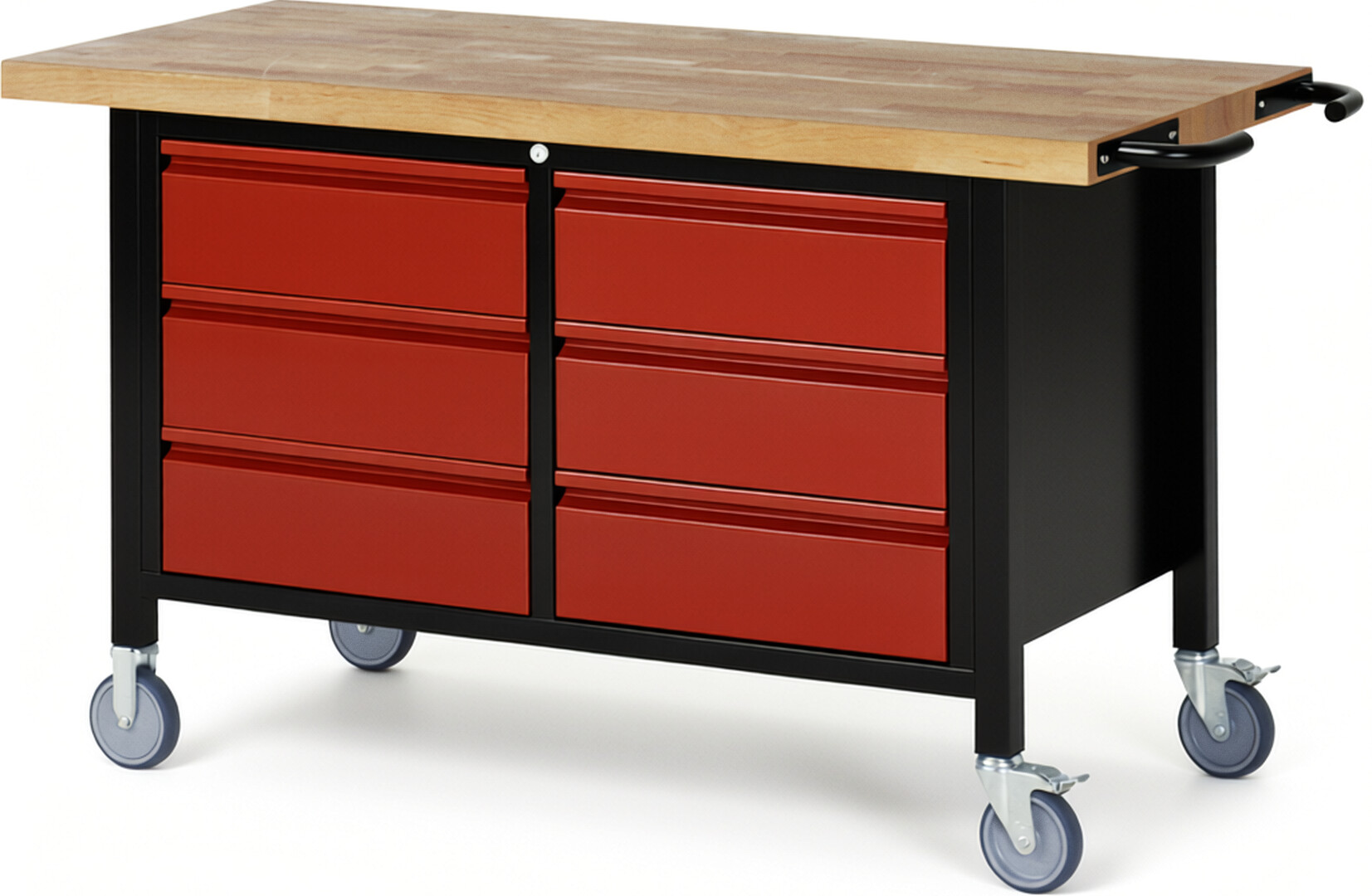 RAU Werkbank schwarz - rot - Breite 150 cm - Tiefe 70 cm - Höhe 88 cm - Buche-Massiv Arbeitsplatte 40 mm