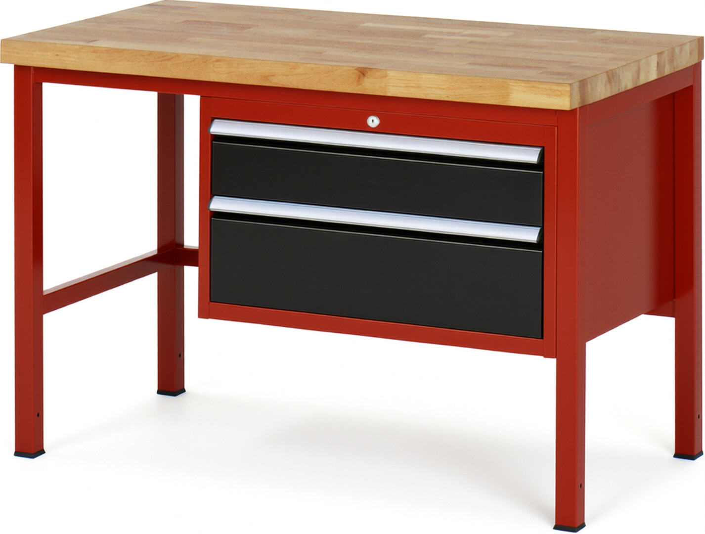 Werkbank Modell 8223 rot - schwarz, BxTxH 1250x700x840 mm,  Buche-Massiv Arbeitsplatte 40 mm,  2 Schubladen mit  Auszug 90 %