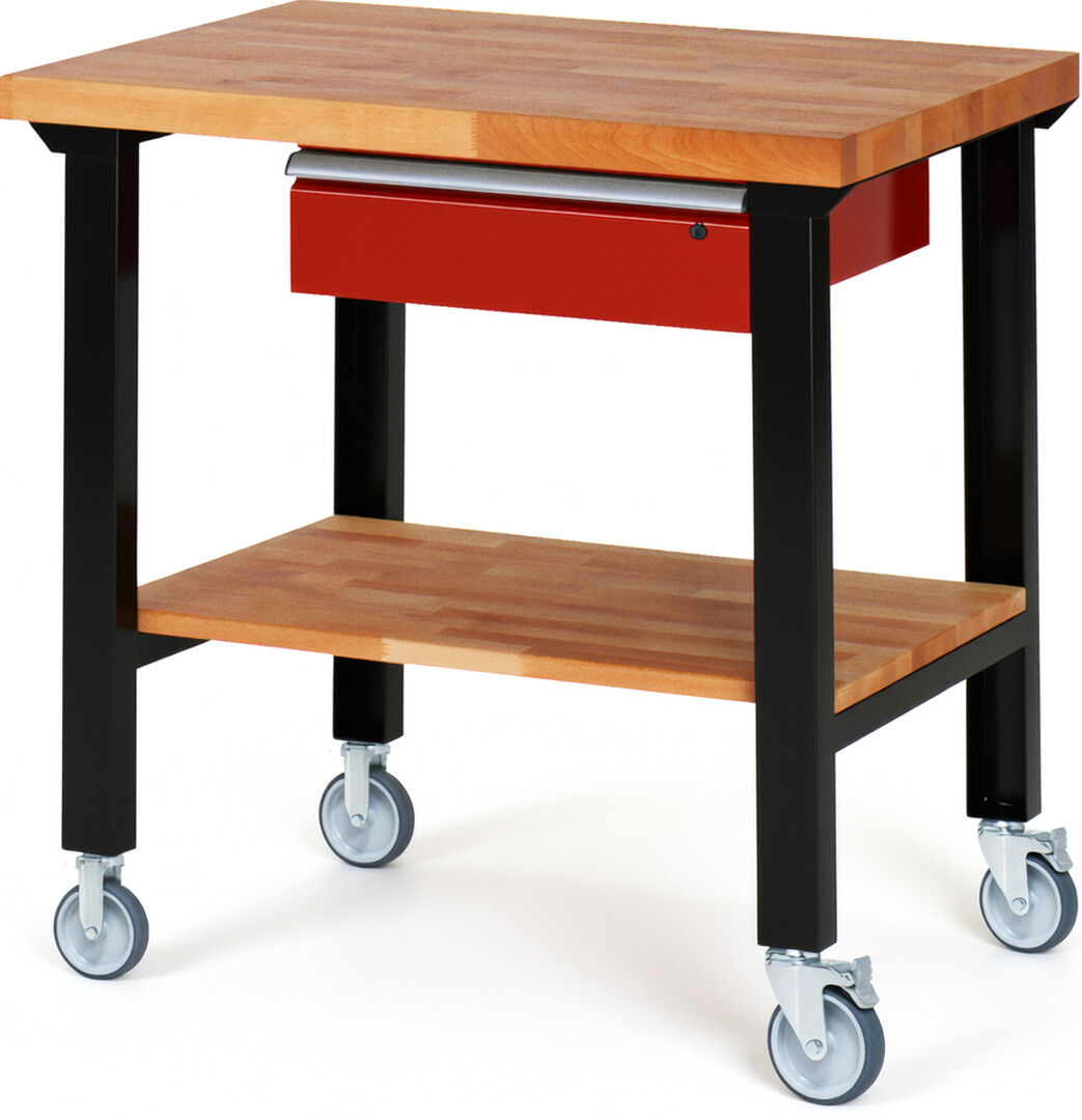 Fahrbare Werkbank Modell 7001 schwarz-rot, BxTxH 1000x700x1000 mm,  Buche-Massiv Arbeitsplatte 40 mm,  1 Schublade mit  Auszug 90 %