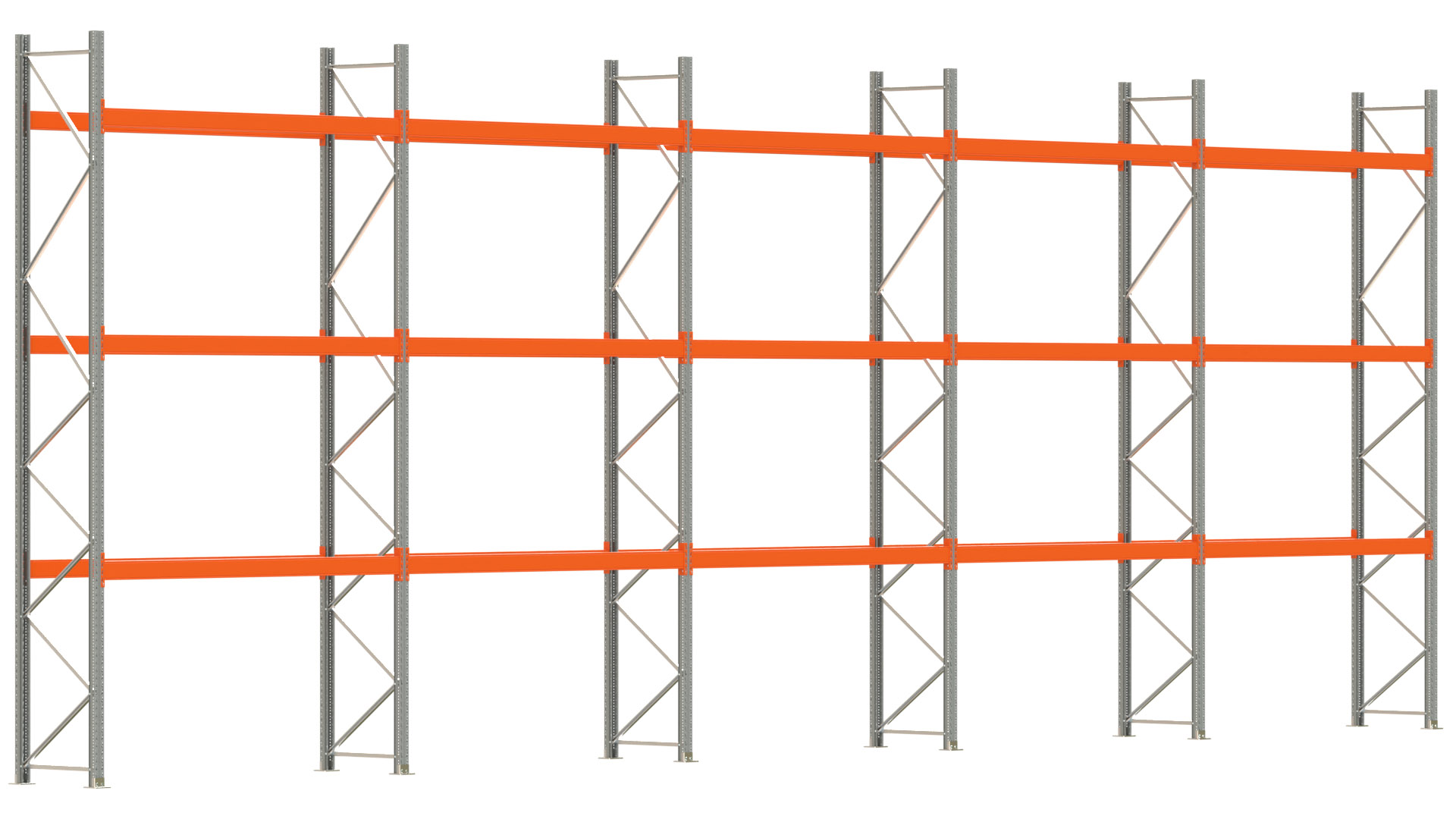 Palettenregal ARTUS - Breite 1401 cm - Höhe 500 cm - Tiefe 80 cm - 3 Träger-Ebenen - max. Fachlast 3000 kg - 40 Palettenstellplätze