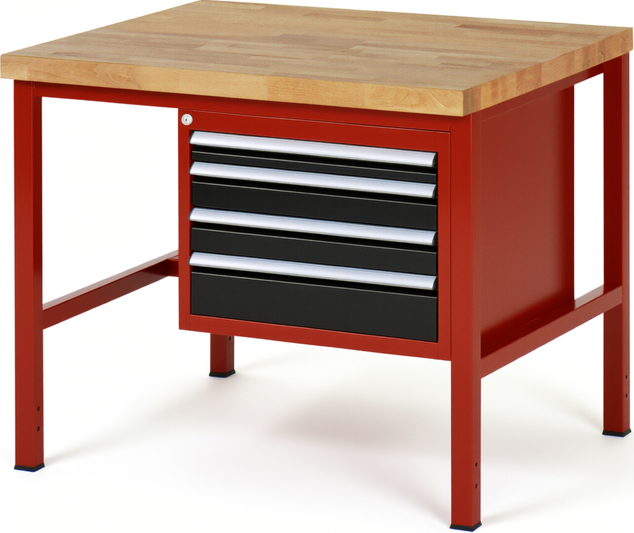 Werkbank Modell 8132 rot - schwarz, BxTxH 1000x900x840-1040 mm,  Buche-Massiv Arbeitsplatte 40 mm,  4 Schubladen mit  Vollauszug 100 % und  SoftClosing