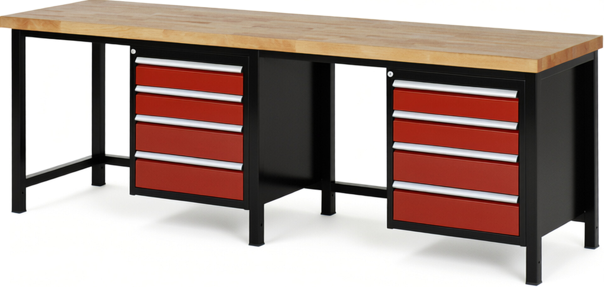 RAU Werkbank schwarz - rot - Breite 250 cm - Tiefe 70 cm - Höhe 104 cm - Buche-Massiv Arbeitsplatte 40 mm