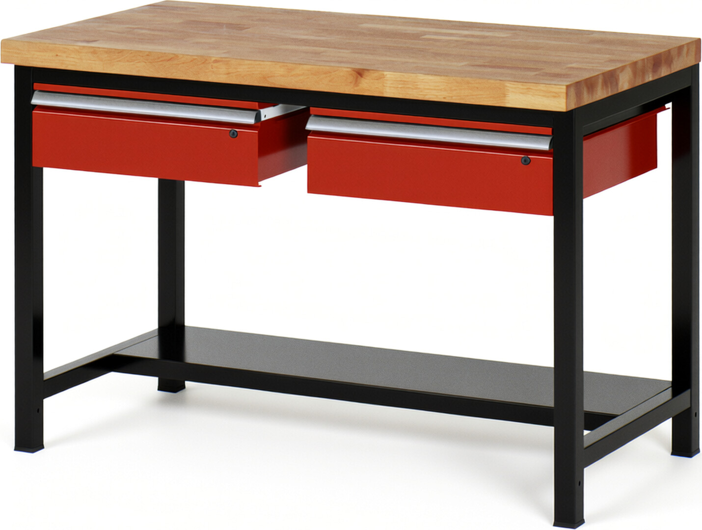 Werkbank Modell 8002 schwarz-rot, BxTxH 1250x900x840 mm,  Buche-Massiv Arbeitsplatte 40 mm,  2 Schubladen mit  Auszug 90 %