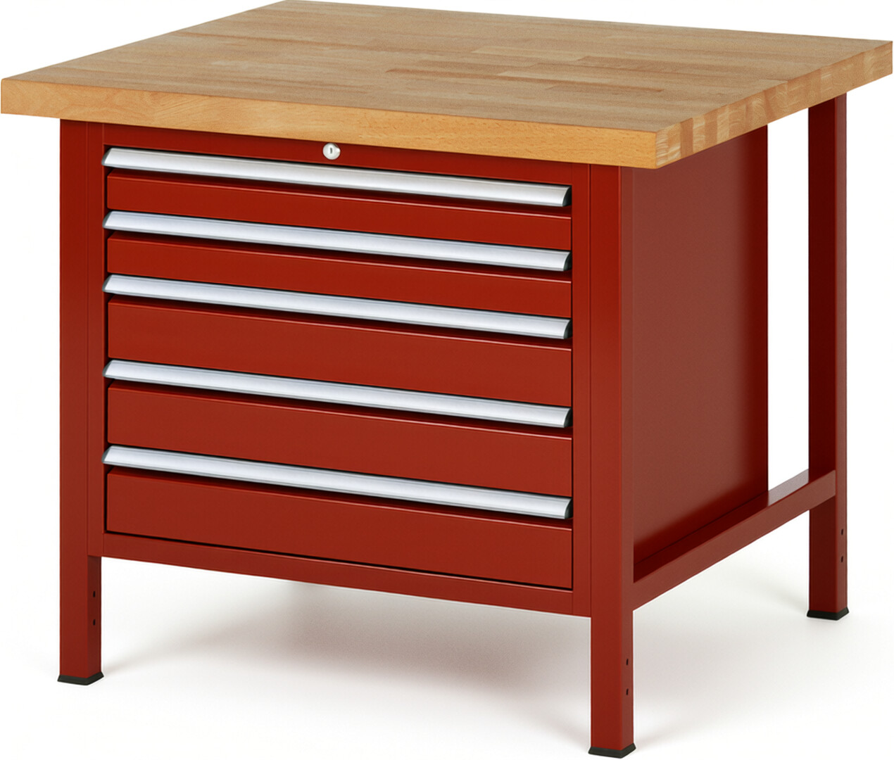 Werkbank Modell 8271 rot, BxTxH 1000x900x840-1040 mm,  Buche-Massiv Arbeitsplatte 40 mm,  5 Schubladen mit  Auszug 90 %