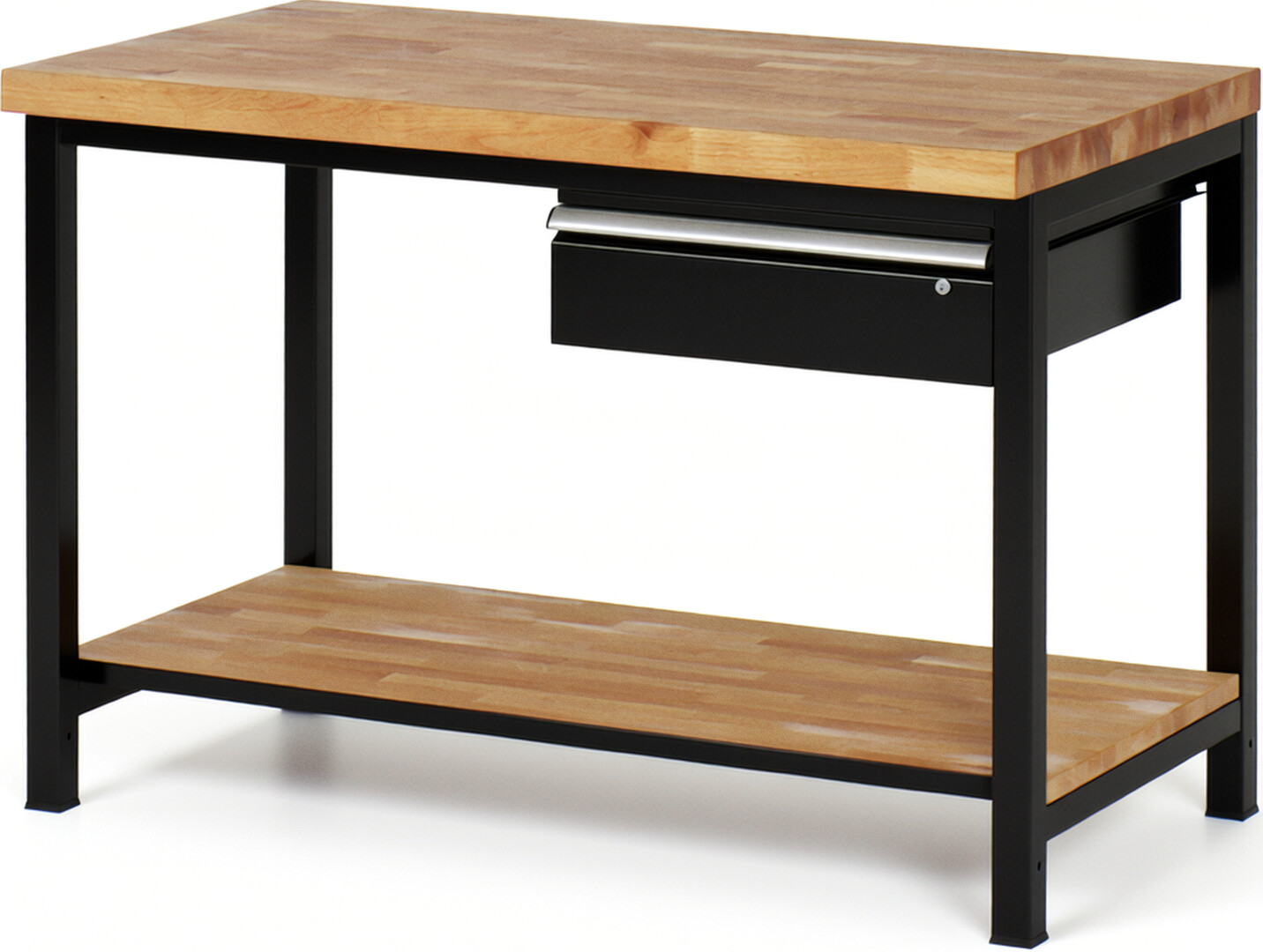 Werkbank Modell 8001 schwarz, BxTxH 1250x700x840-1040 mm,  Buche-Massiv Arbeitsplatte 40 mm,  1 Schublade mit  Auszug 90 %