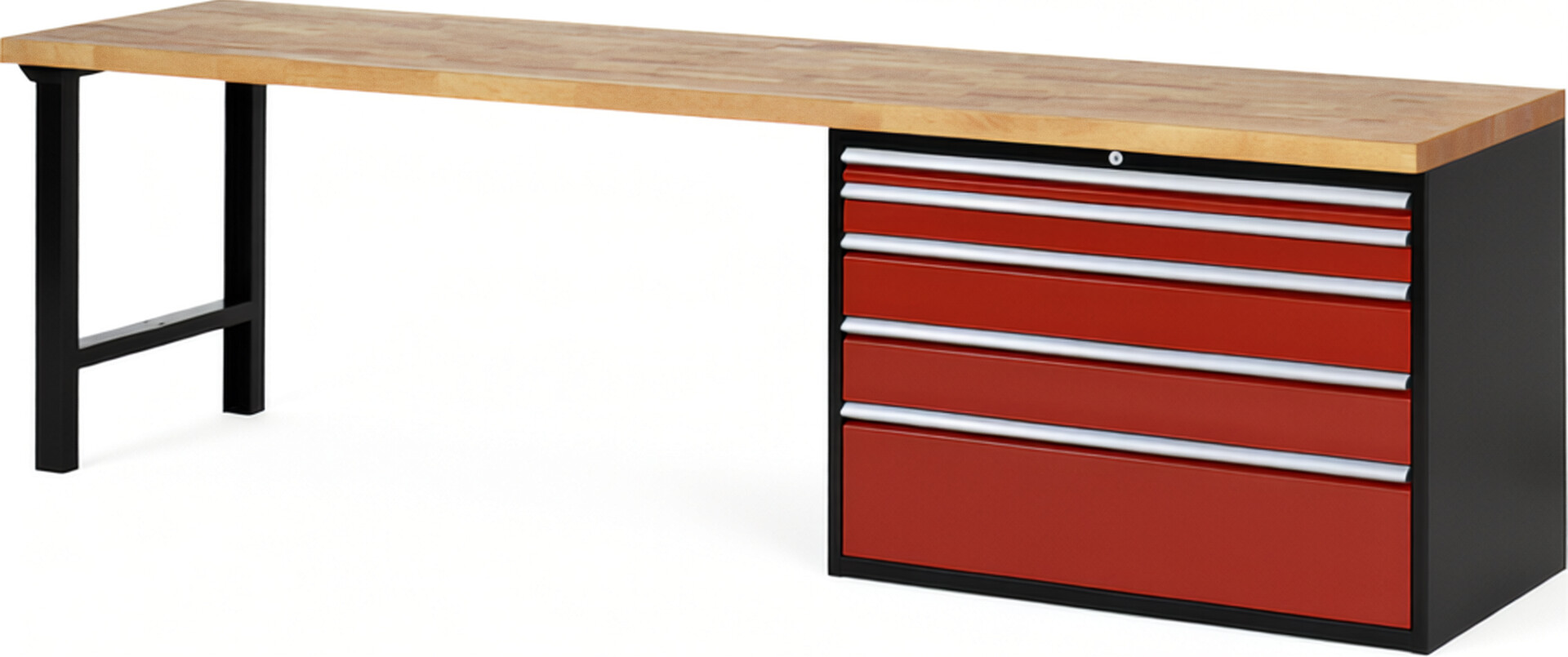 RAU Werkbank schwarz - rot - Breite 300 cm - Tiefe 70 cm - Höhe 84 cm - Buche-Massiv Arbeitsplatte 40 mm