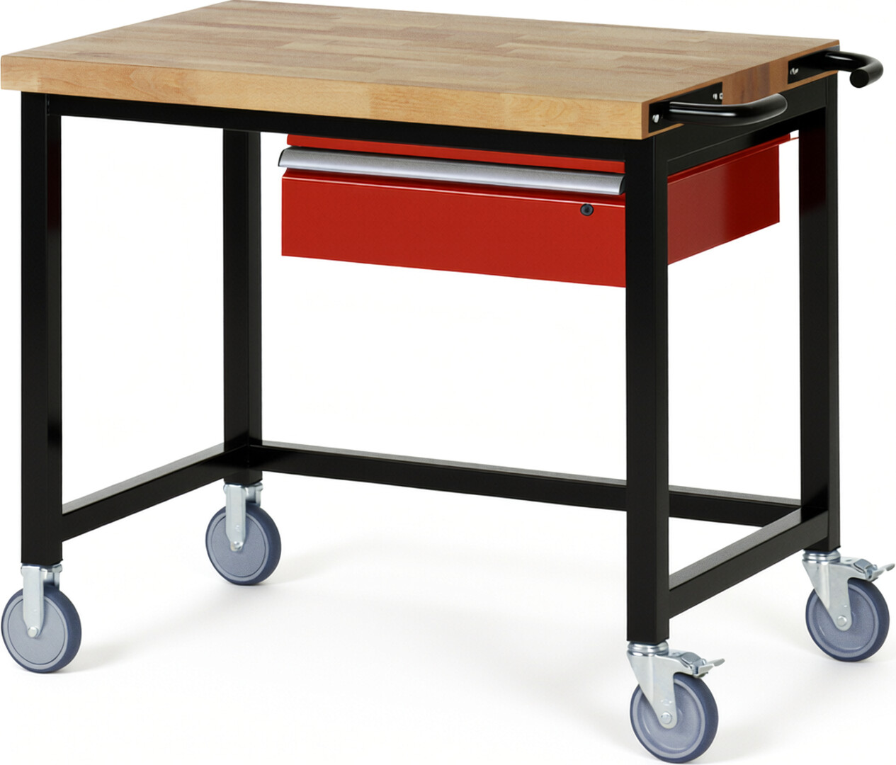 RAU Werkbank schwarz - rot - Breite 100 cm - Tiefe 70 cm - Höhe 108 cm - Buche-Massiv Arbeitsplatte 40 mm