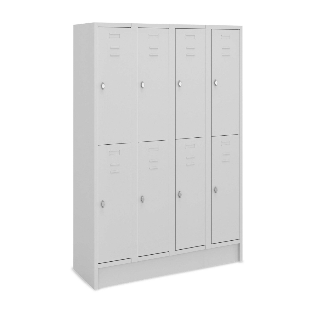 Doppelstock-Spind, 4 Abteile, 8 Fächer, Abteilbreite 30 cm, Höhe 180 cm, Breite 50 cm,  RAL 7035 Lichtgrau