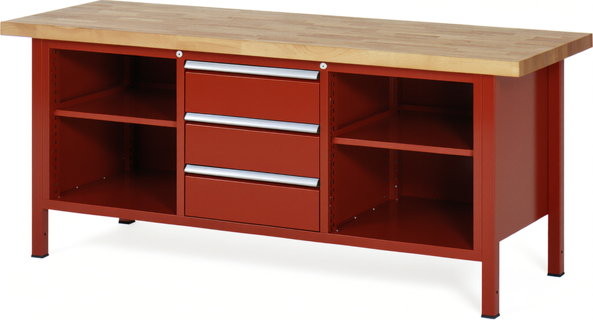 Werkbank Modell 8565 rot, BxTxH 2000x700x840-1040 mm,  Buche-Massiv Arbeitsplatte 40 mm,  3 Schubladen mit  Vollauszug 100 % und  SoftClosing