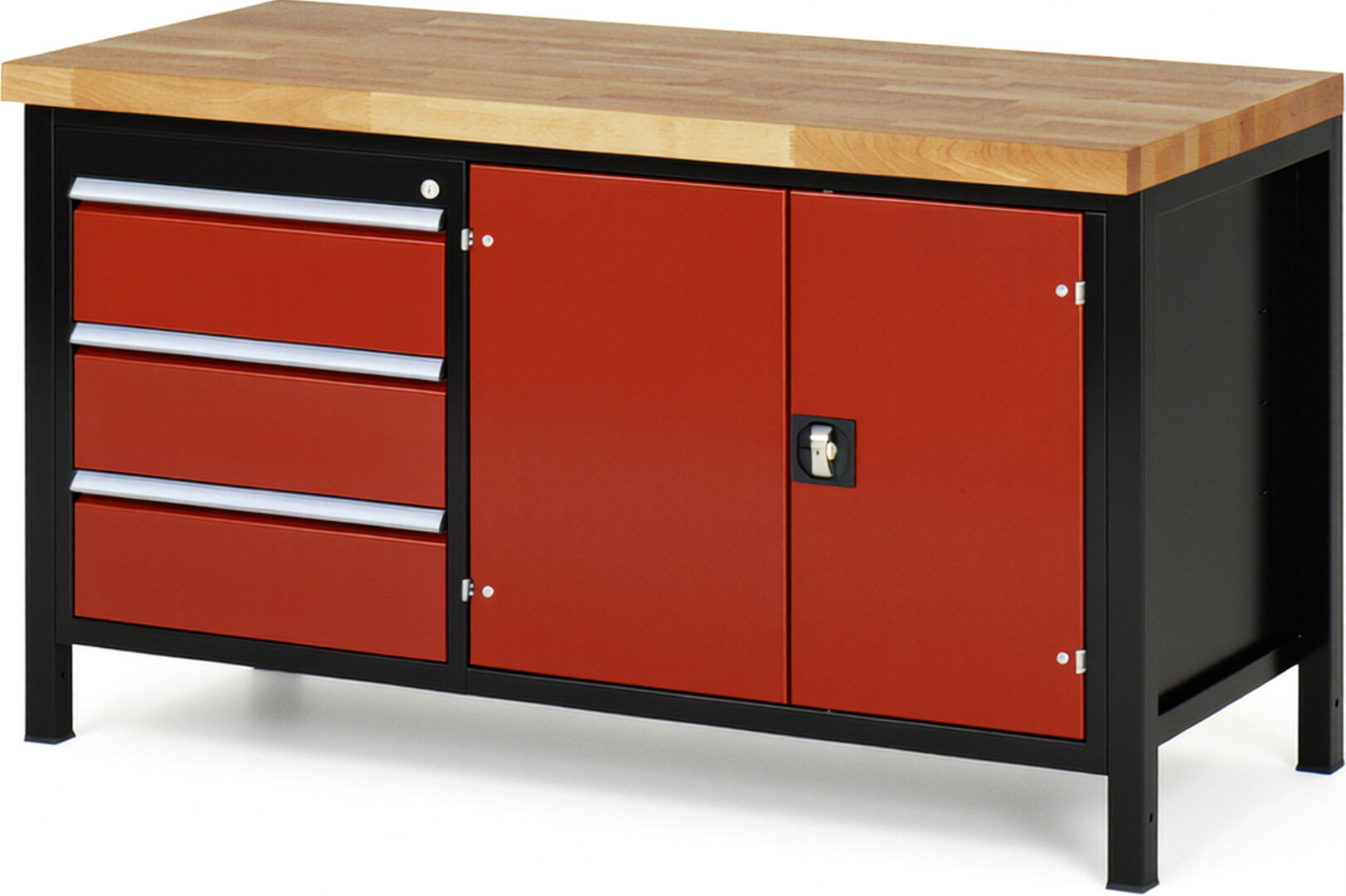 Werkbank Modell 8904 schwarz-rot, BxTxH 1500x700x840-1040 mm,  Buche-Massiv Arbeitsplatte 40 mm,  3 Schubladen mit  Vollauszug 100 % und  SoftClosing