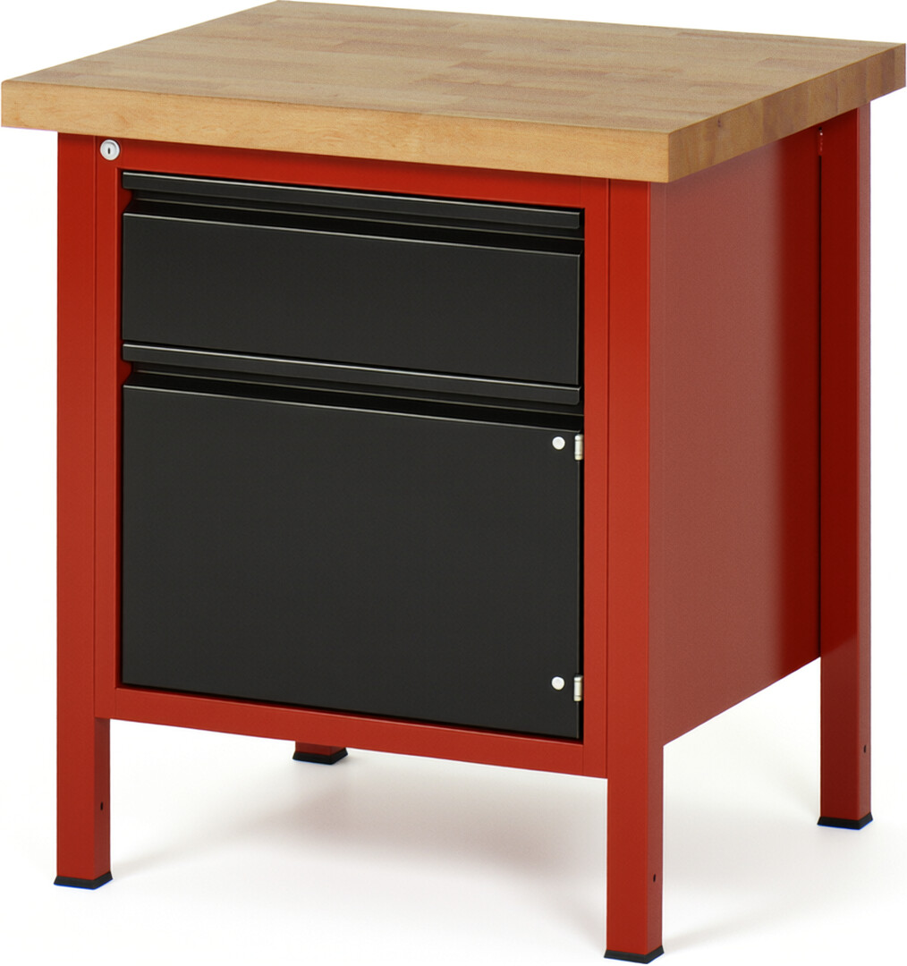 Werkbank rot - schwarz, BxTxH 750x700x840-1040 mm, Platte Buche 40 mm, 1 Schublade 180 mm, 1 Tür 360 mm, RAL 3000/9011