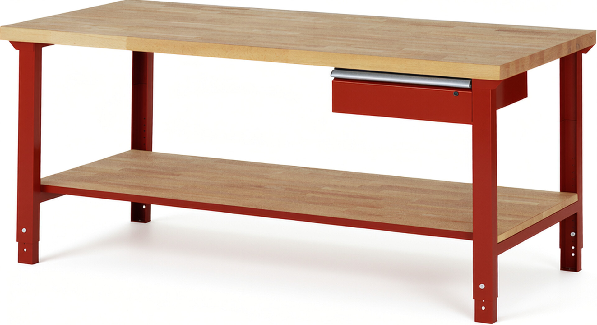 Werkbank Modell 7001 rot, BxTxH 2000x900x790-1140 mm,  Buche-Massiv Arbeitsplatte 40 mm,  1 Schublade mit  Auszug 90 %