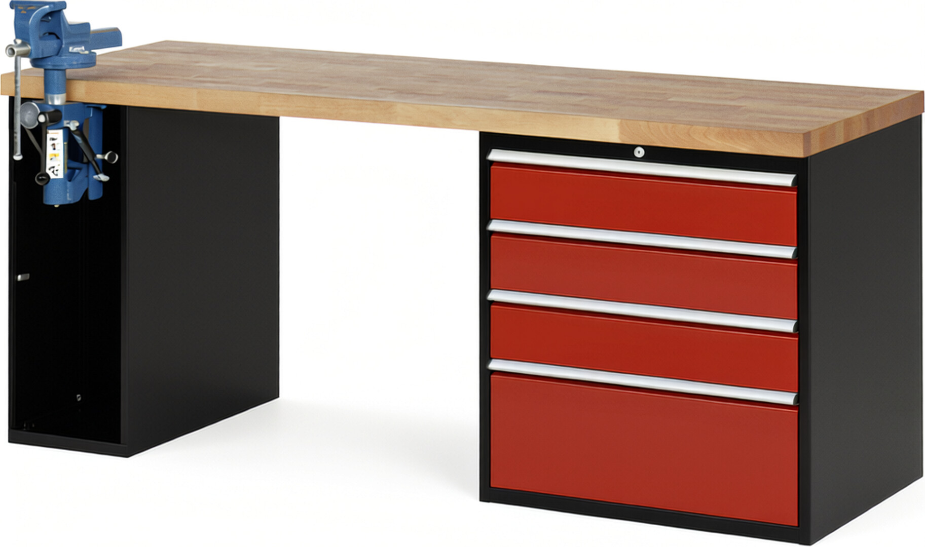 RAU Werkbank schwarz - rot - Breite 200 cm - Tiefe 70 cm - Höhe 84 cm - Buche-Massiv Arbeitsplatte 40 mm